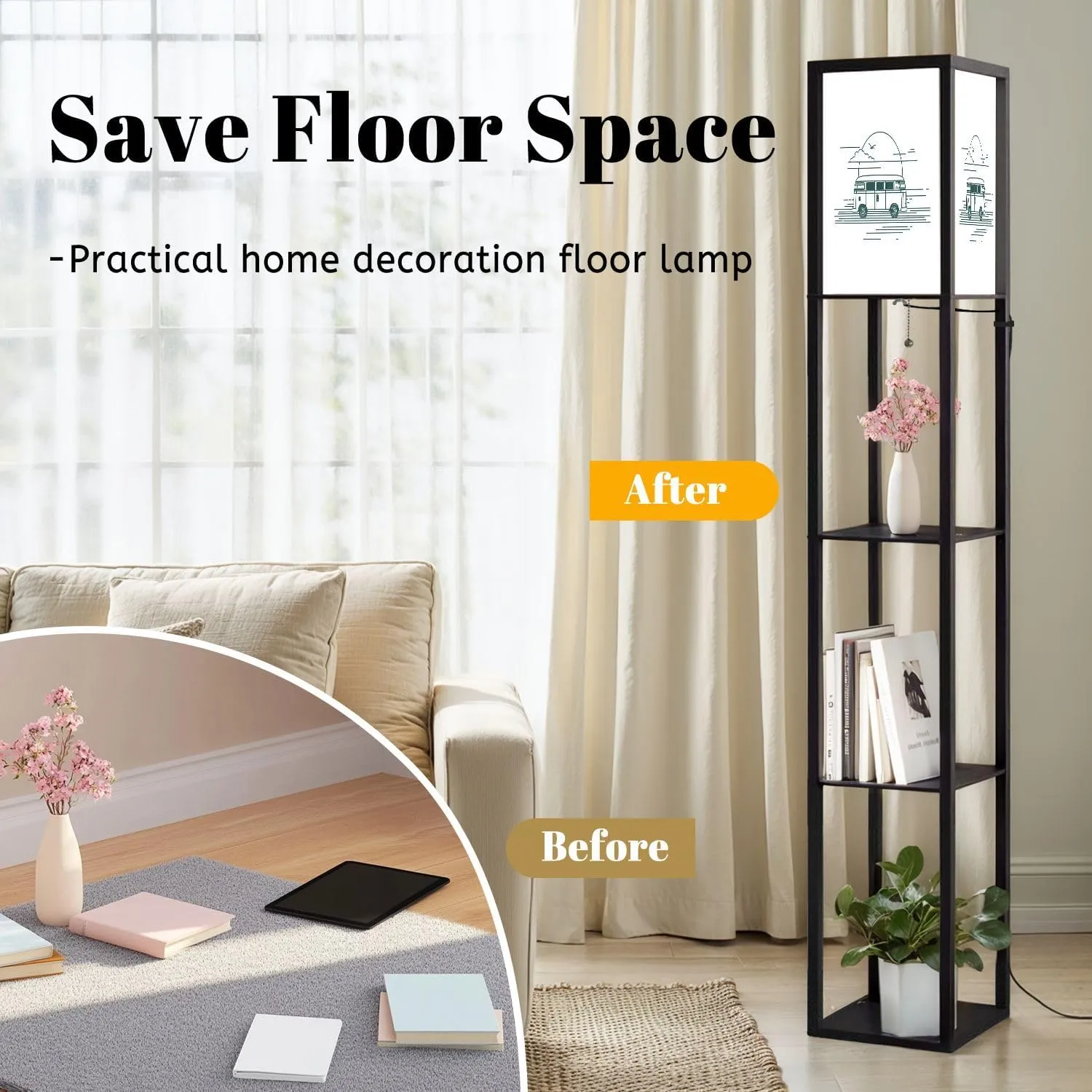 Surf Van Beach Flat line Sunset Landscape Adventure Floor Lamps with Shelves, Modern Standing Lamp Narrow Corner Display Bookshelf Lamp for Living Room, Bedroom, Office Decor