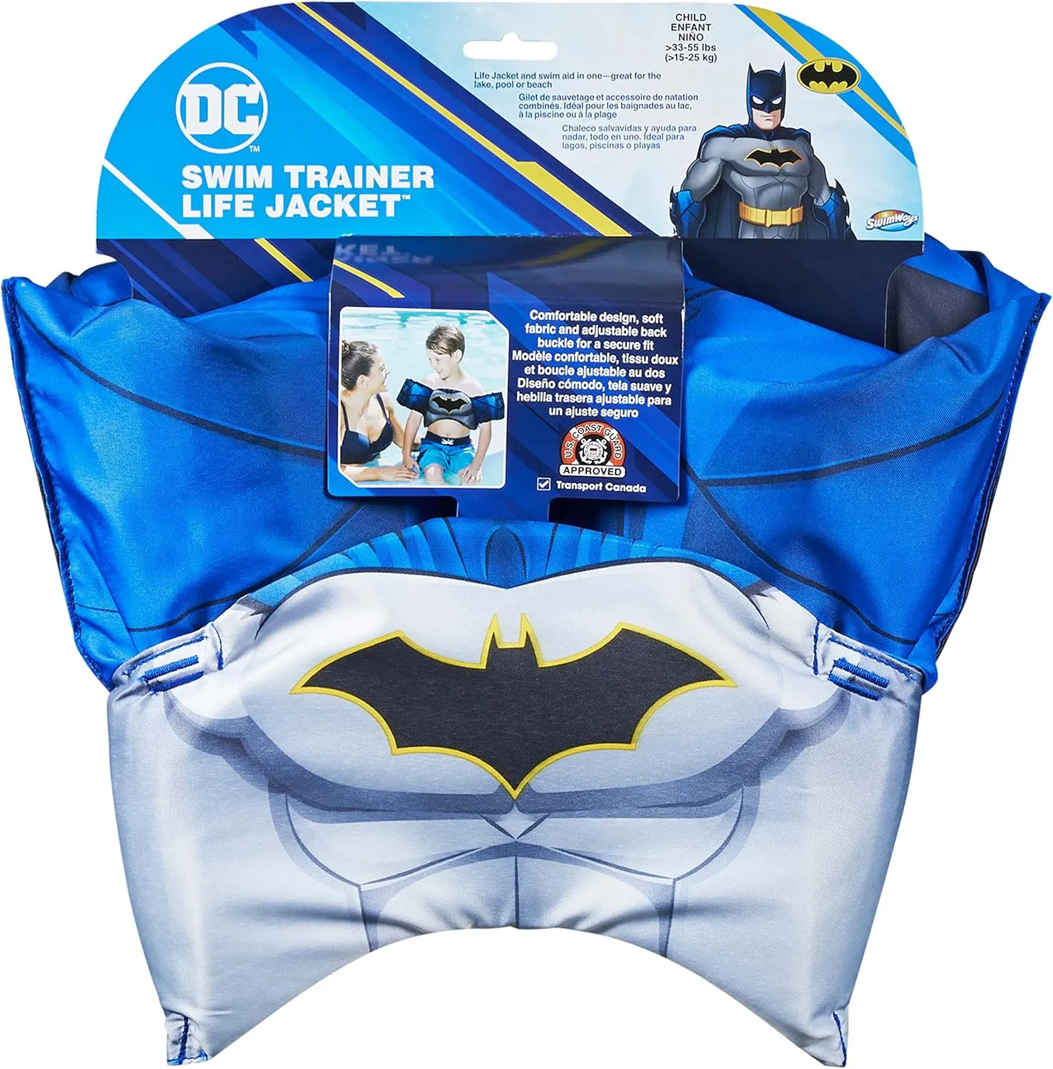 SwimWays DC Batman Swim Trainer, US Coast Guard Approved Life Vest Kids Swim Vest, Arm Floaties & Life Jackets for Kids 33-55 lbs, Batman