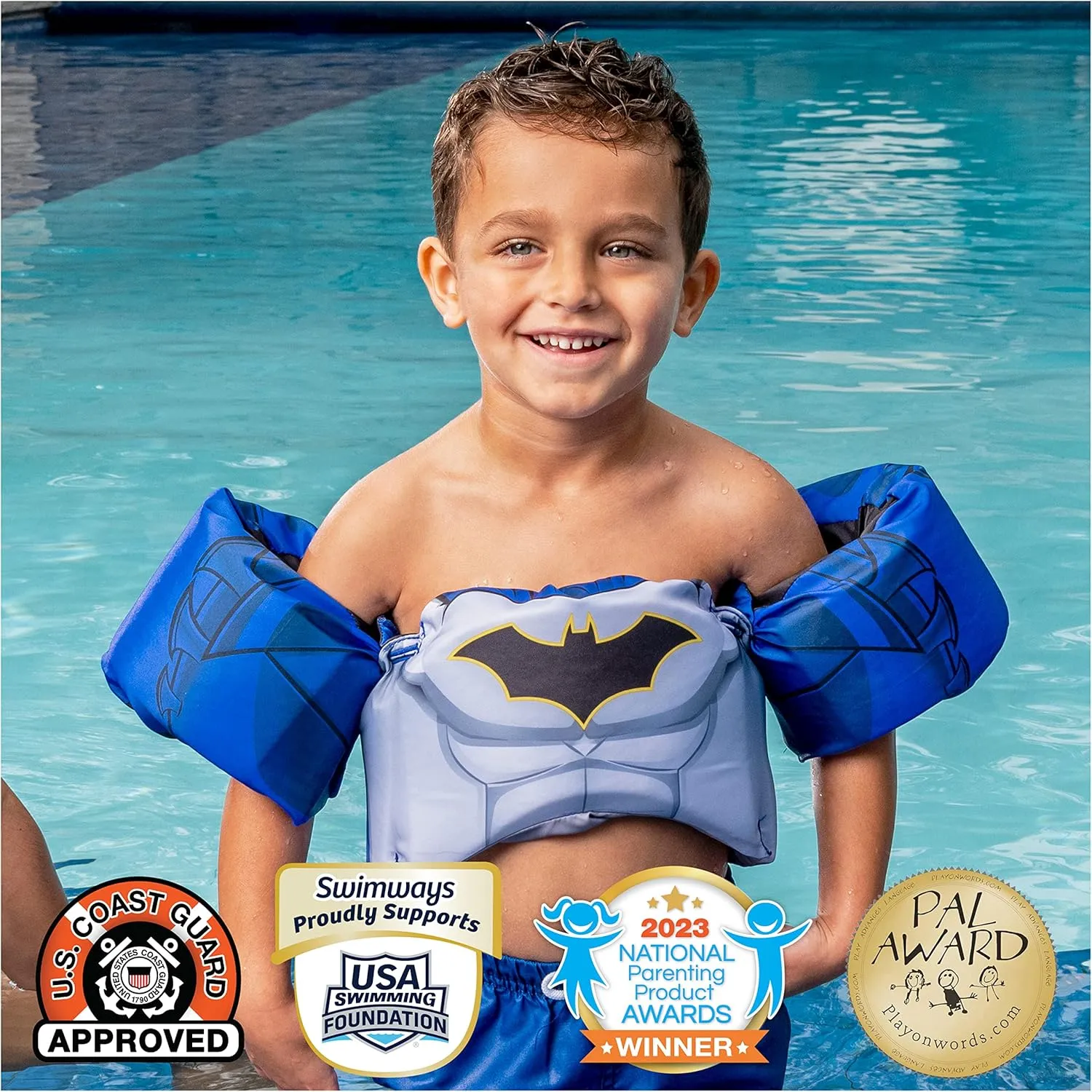 SwimWays DC Batman Swim Trainer, US Coast Guard Approved Life Vest Kids Swim Vest, Arm Floaties & Life Jackets for Kids 33-55 lbs, Batman