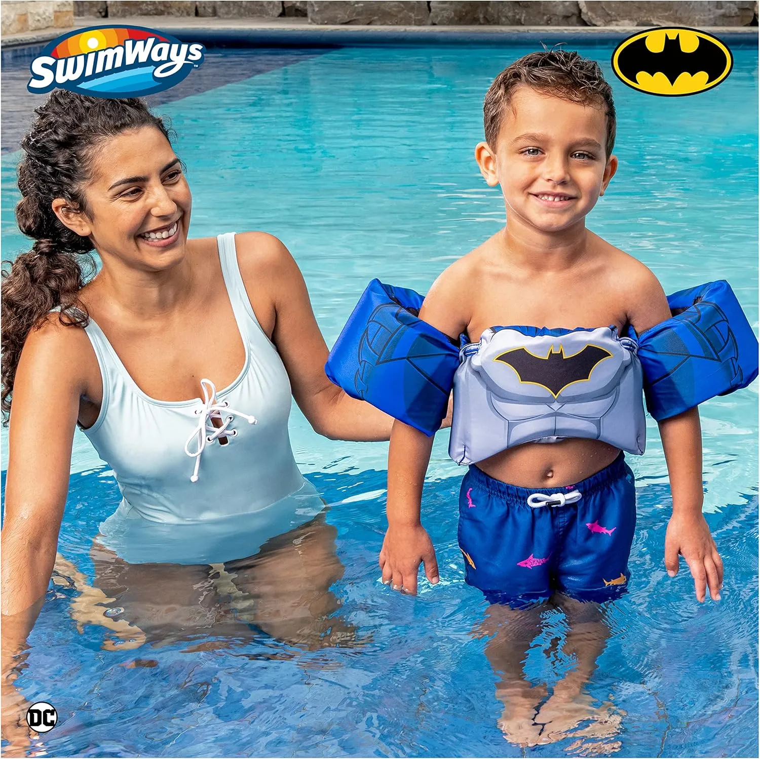 SwimWays DC Batman Swim Trainer, US Coast Guard Approved Life Vest Kids Swim Vest, Arm Floaties & Life Jackets for Kids 33-55 lbs, Batman