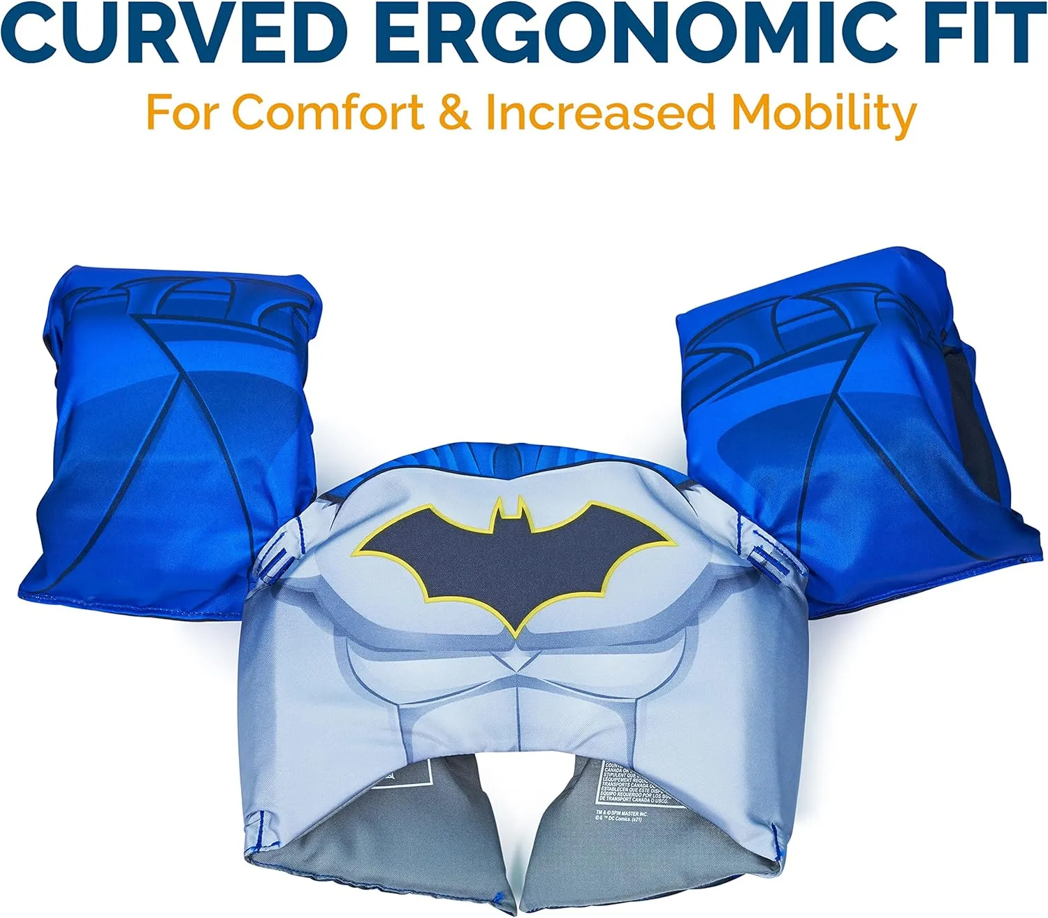 SwimWays DC Batman Swim Trainer, US Coast Guard Approved Life Vest Kids Swim Vest, Arm Floaties & Life Jackets for Kids 33-55 lbs, Batman