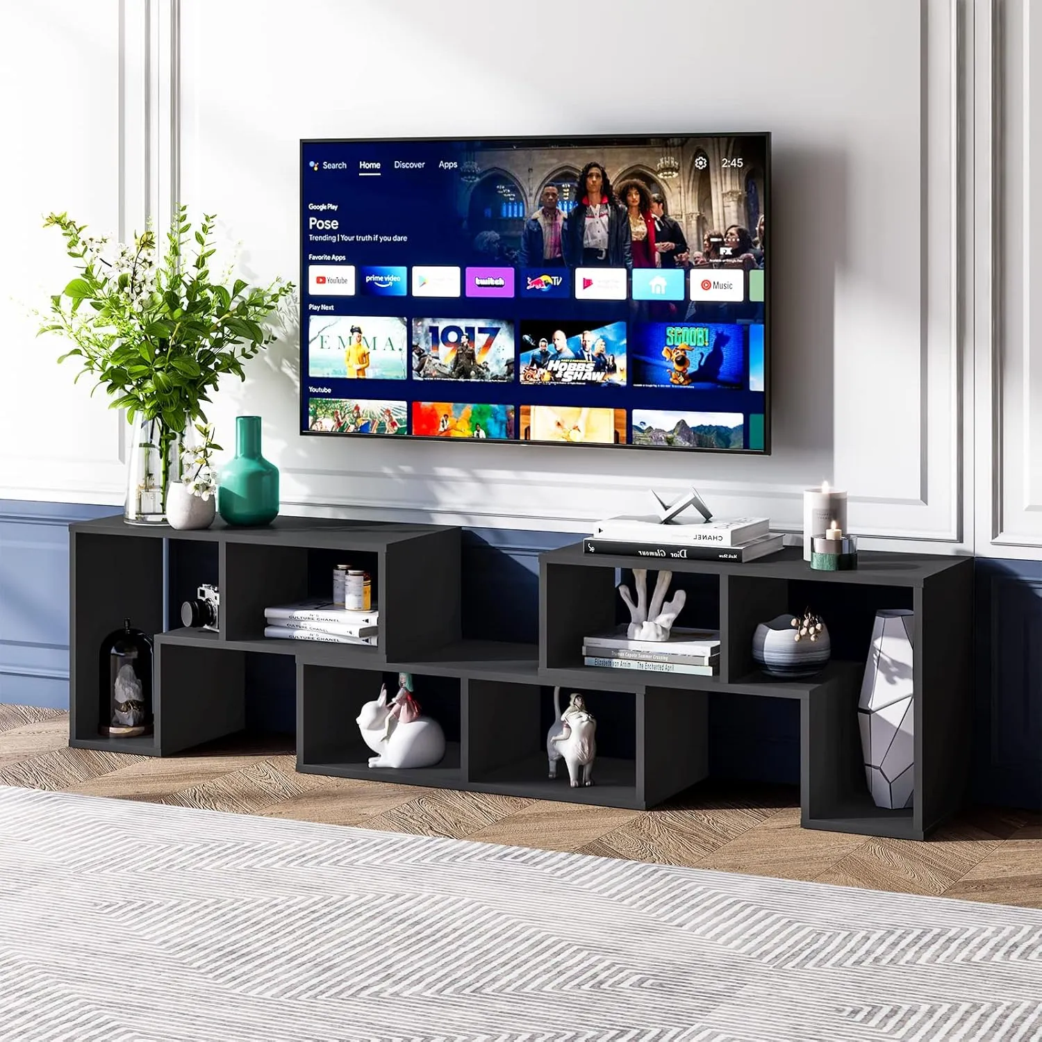 Tangkula 3 Pieces Console TV Stand, Free-Combination Entertainment Center for 50 55 60 65 Inch TV, Minimalist Modern TV Media Stand, DIY Open Storage Bookcase Shelf for Living Room (Black)