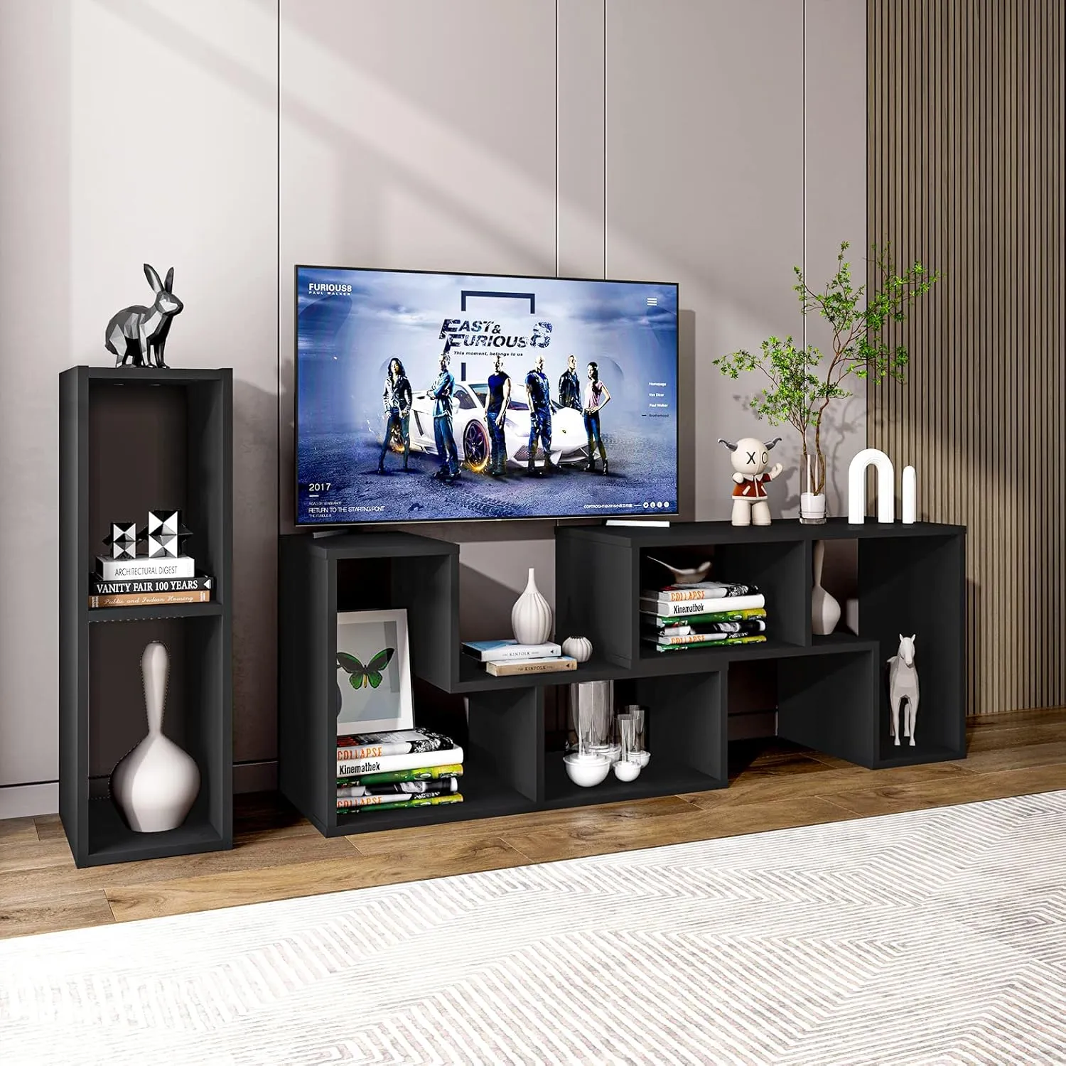 Tangkula 3 Pieces Console TV Stand, Free-Combination Entertainment Center for 50 55 60 65 Inch TV, Minimalist Modern TV Media Stand, DIY Open Storage Bookcase Shelf for Living Room (Black)