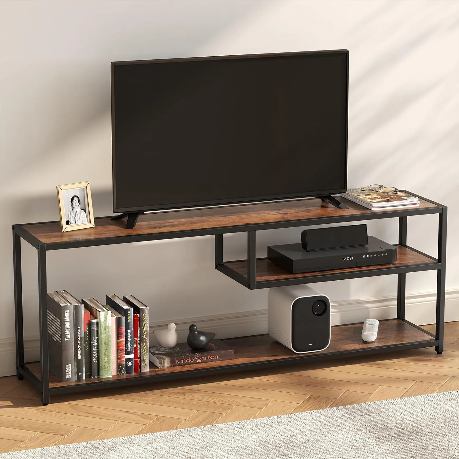TECHMILLY Modern TV Stand for 55" TV, TV Table with Storage Shelves, Entertainment Center with Metal Frame, TV Console Table for Living Room, Bedroom, Rustic Brown