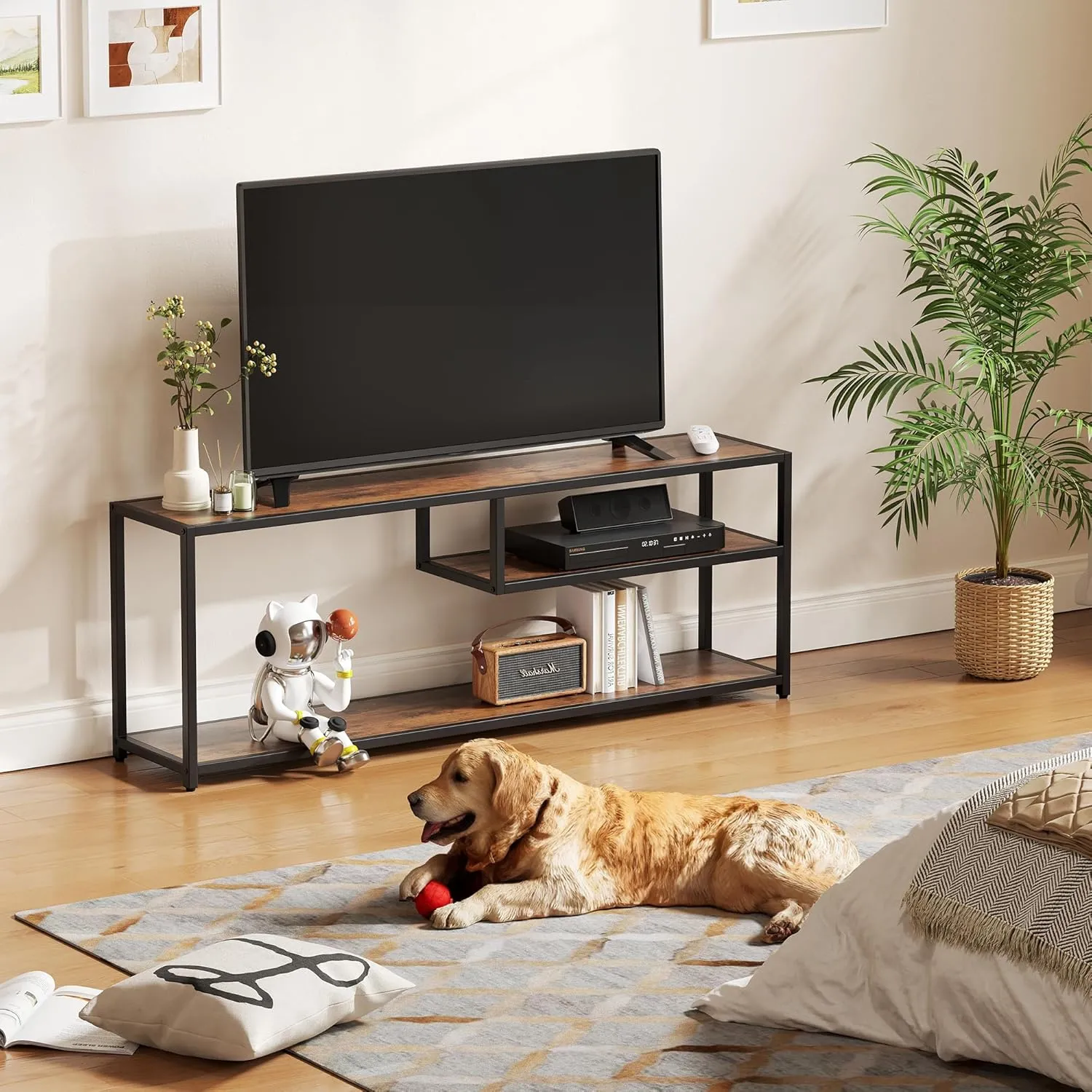 TECHMILLY Modern TV Stand for 55" TV, TV Table with Storage Shelves, Entertainment Center with Metal Frame, TV Console Table for Living Room, Bedroom, Rustic Brown