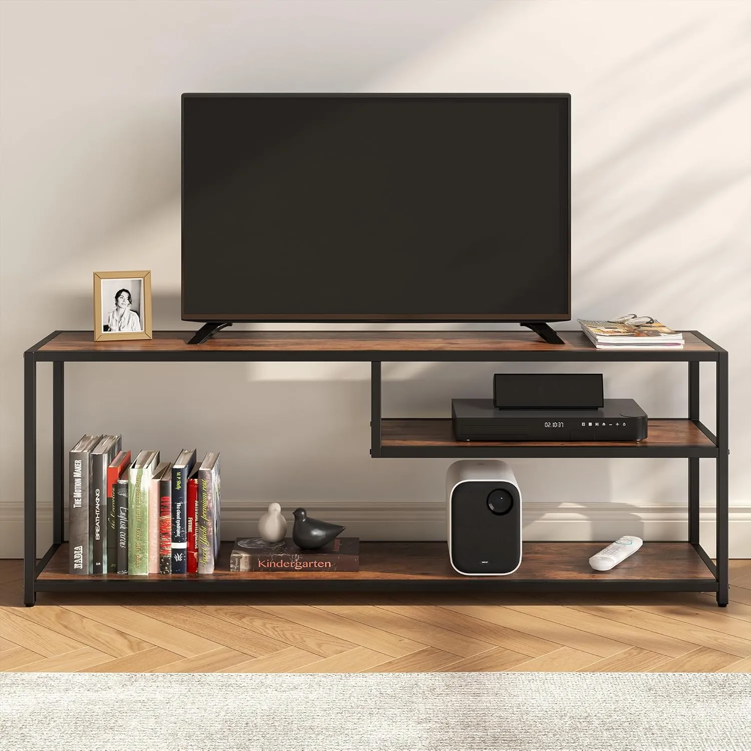 TECHMILLY Modern TV Stand for 55" TV, TV Table with Storage Shelves, Entertainment Center with Metal Frame, TV Console Table for Living Room, Bedroom, Rustic Brown