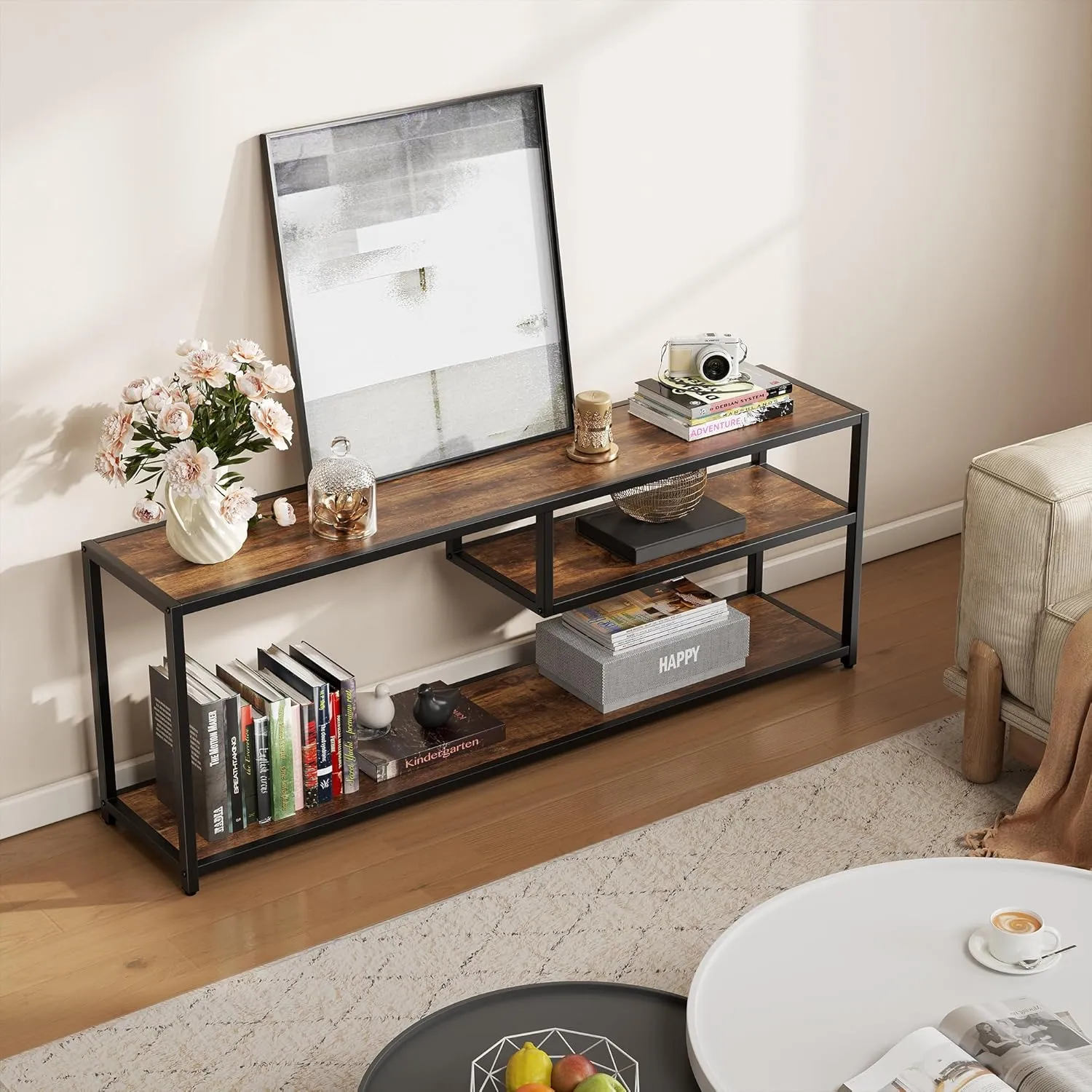 TECHMILLY Modern TV Stand for 55" TV, TV Table with Storage Shelves, Entertainment Center with Metal Frame, TV Console Table for Living Room, Bedroom, Rustic Brown