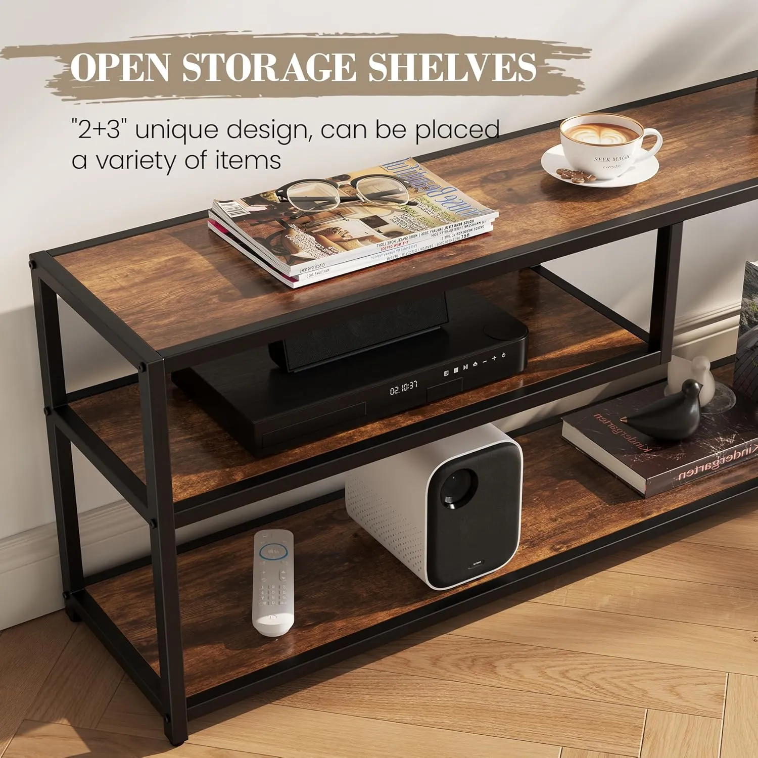 TECHMILLY Modern TV Stand for 55" TV, TV Table with Storage Shelves, Entertainment Center with Metal Frame, TV Console Table for Living Room, Bedroom, Rustic Brown