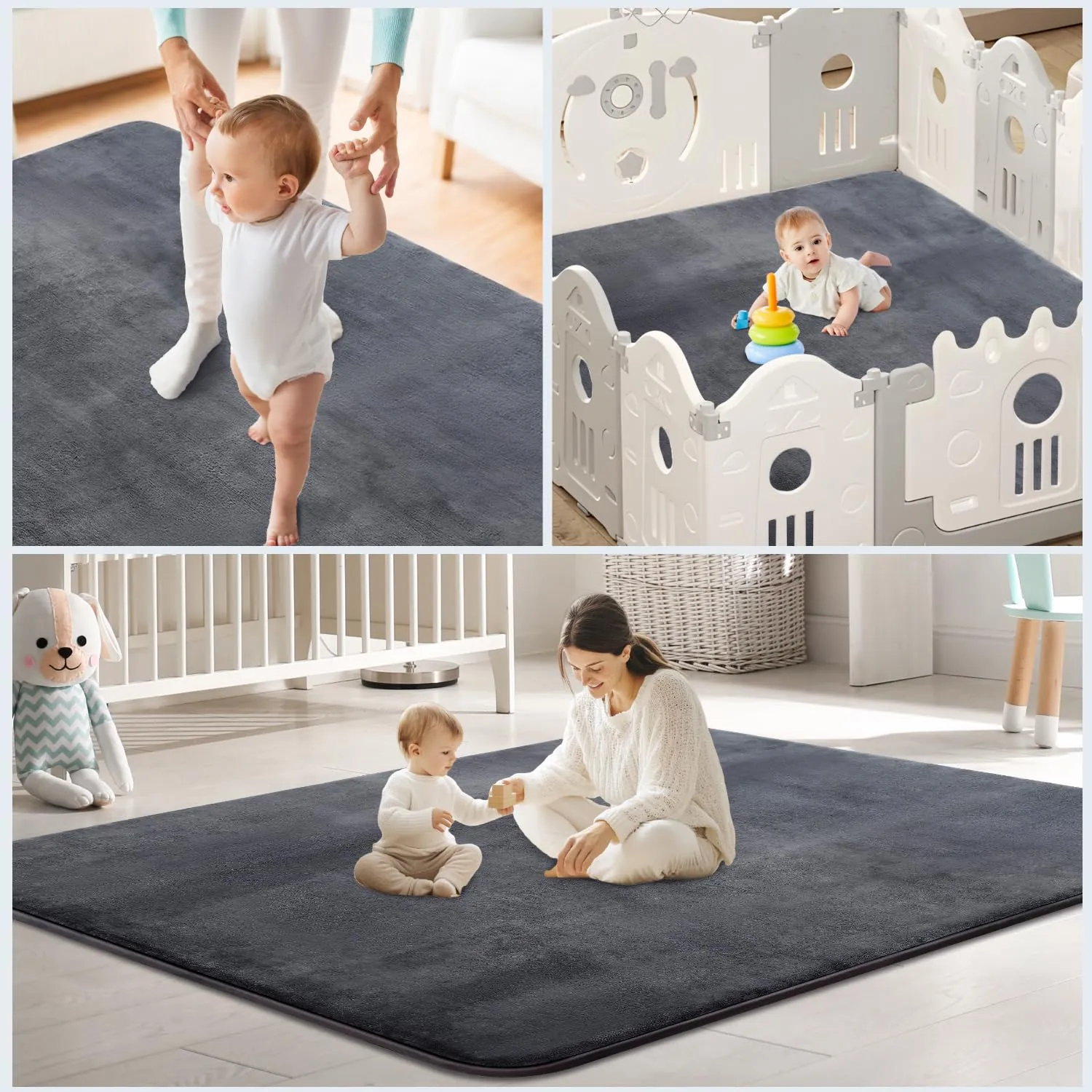 Thick Baby Play Mat for Floor,50 x 50 Playpen Mat,Tummy Time Foam Mat,Ultra Soft Support & Plush Feel,Easy Care with Non-Slip Cushioned for Infant,Kids and Toddler Crawling, Dark Grey