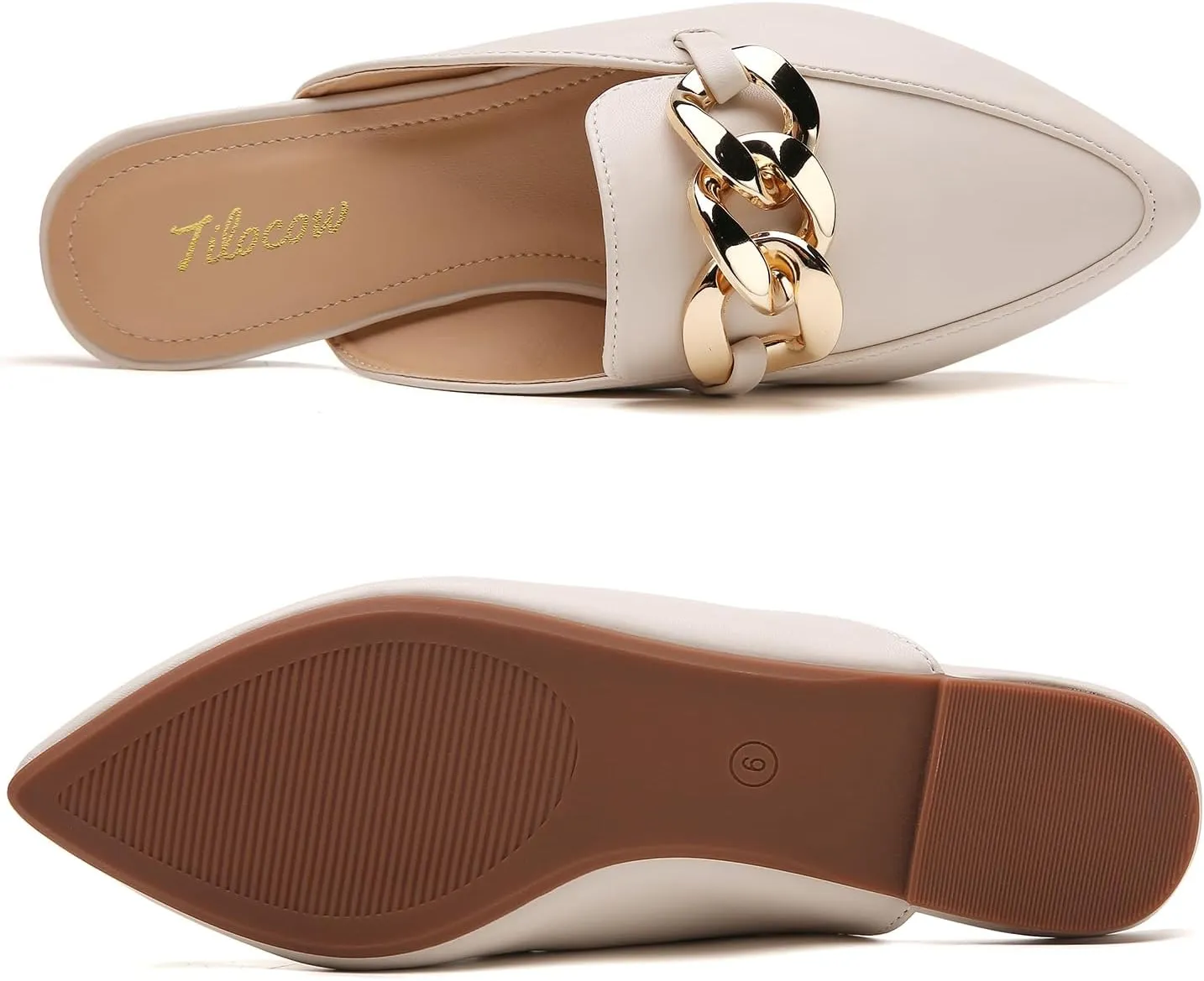 Tilocow Mules for Woman - Flats Shoes Women Dressy Comfortable Mules Metal Chain Slip Ons Backless Loafers Fashion 2023 Shoes