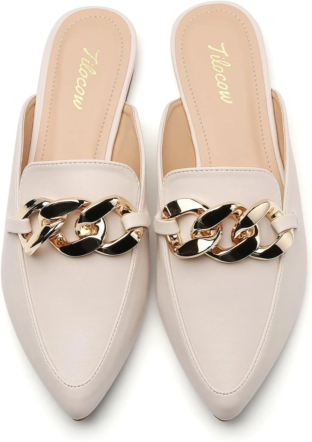 Tilocow Mules for Woman - Flats Shoes Women Dressy Comfortable Mules Metal Chain Slip Ons Backless Loafers Fashion 2023 Shoes
