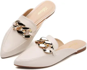 Tilocow Mules for Woman - Flats Shoes Women Dressy Comfortable Mules Metal Chain Slip Ons Backless Loafers Fashion 2023 Shoes