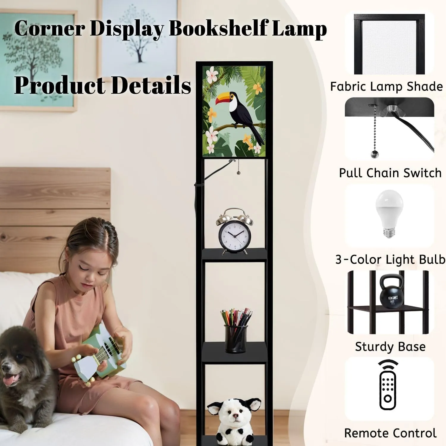 Toucan Jungle Flat Floor Lamps with Shelves, Modern Standing Lamp Narrow Corner Display Bookshelf Lamp for Living Room, Bedroom, Office Decor
