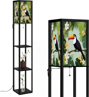 Toucan Jungle Flat Floor Lamps with Shelves, Modern Standing Lamp Narrow Corner Display Bookshelf Lamp for Living Room, Bedroom, Office Decor