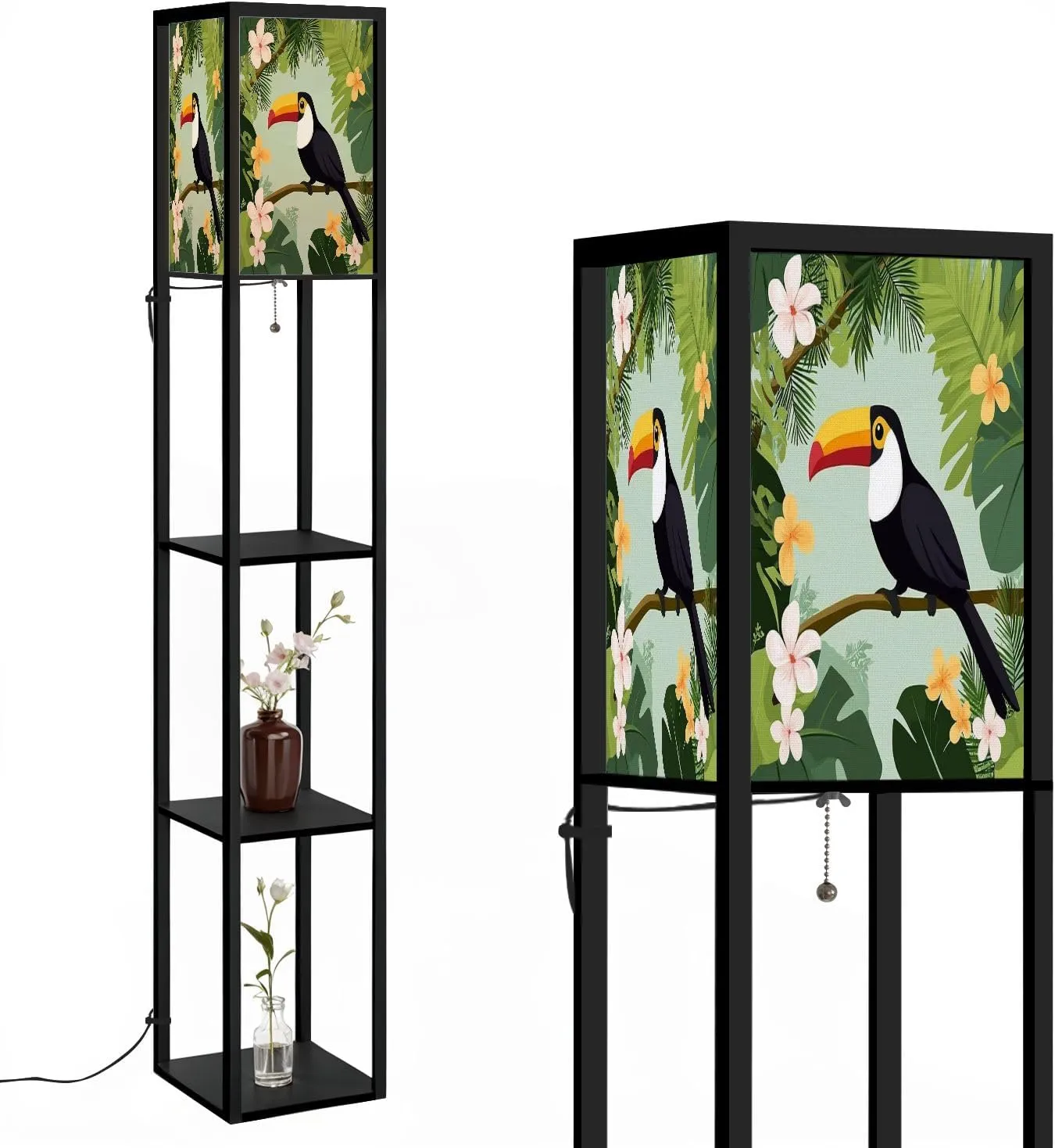 Toucan Jungle Flat Floor Lamps with Shelves, Modern Standing Lamp Narrow Corner Display Bookshelf Lamp for Living Room, Bedroom, Office Decor