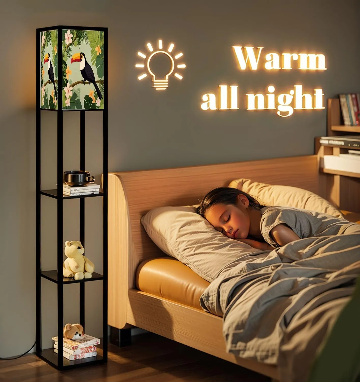 Toucan Jungle Flat Floor Lamps with Shelves, Modern Standing Lamp Narrow Corner Display Bookshelf Lamp for Living Room, Bedroom, Office Decor