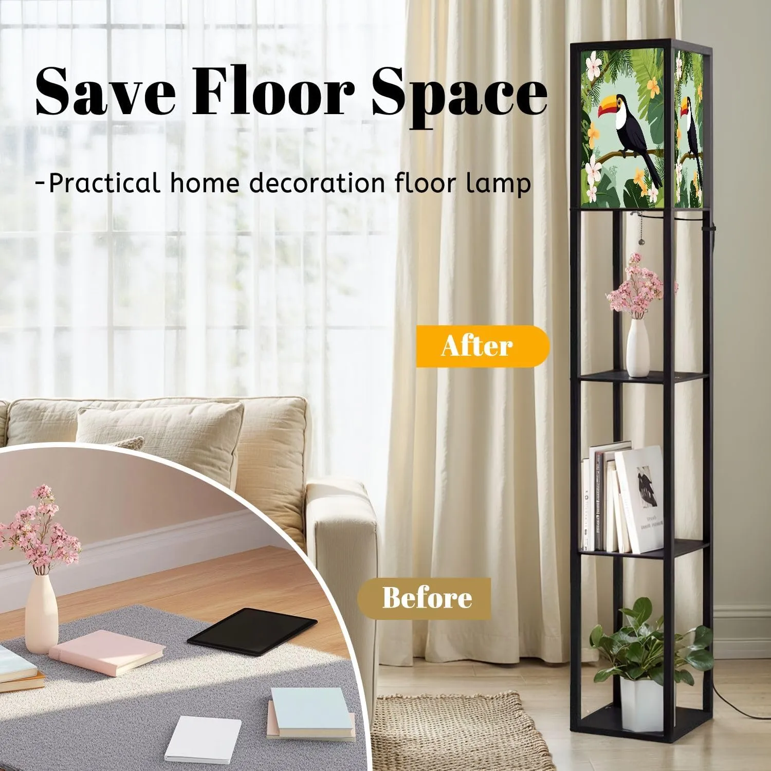 Toucan Jungle Flat Floor Lamps with Shelves, Modern Standing Lamp Narrow Corner Display Bookshelf Lamp for Living Room, Bedroom, Office Decor