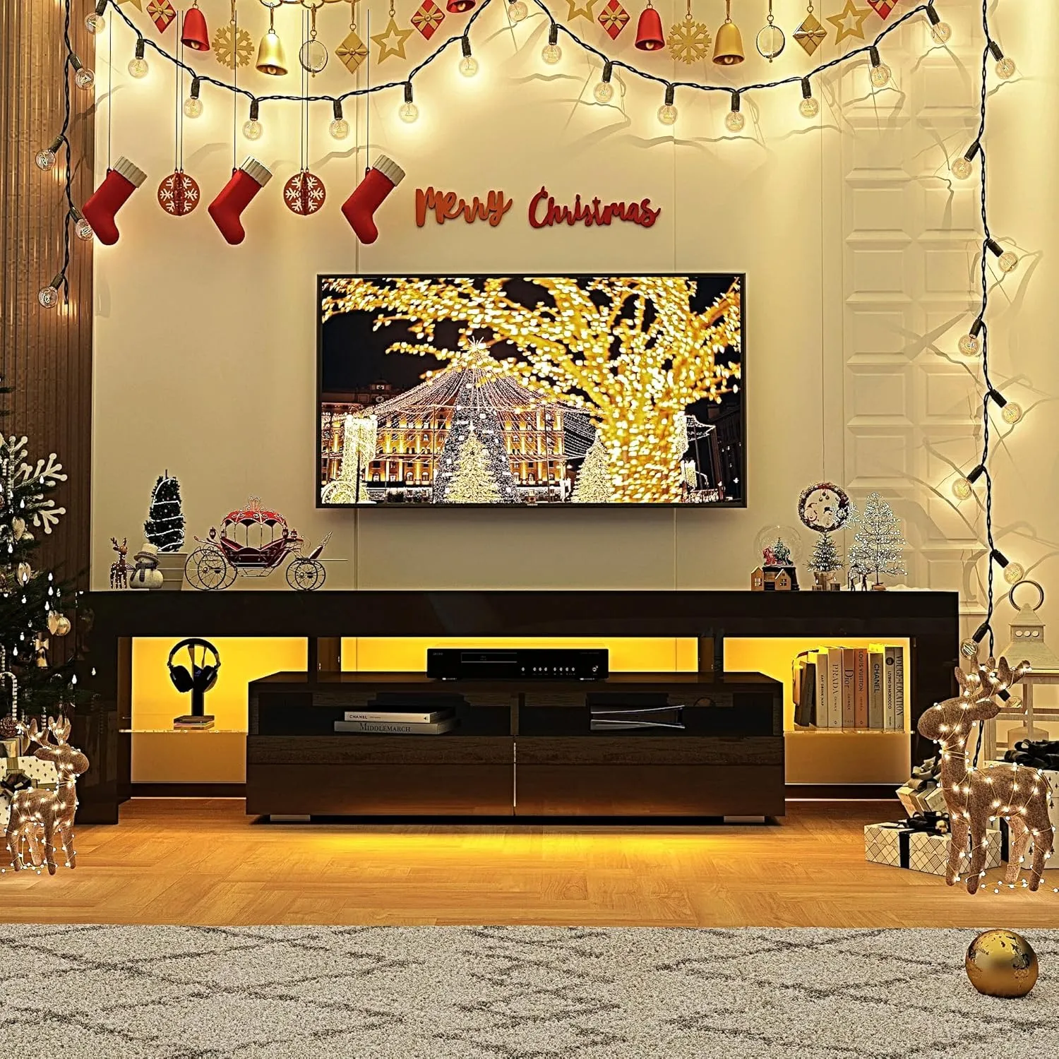 Uspeedy 63in TV Stand for 65/70 inch TV,Modern LED TV Stand for Living Room,Black TV Stand,High Gloss TV Entertainment Center with Storage Drawer,APP RGB Light,TV Console(63in Black)
