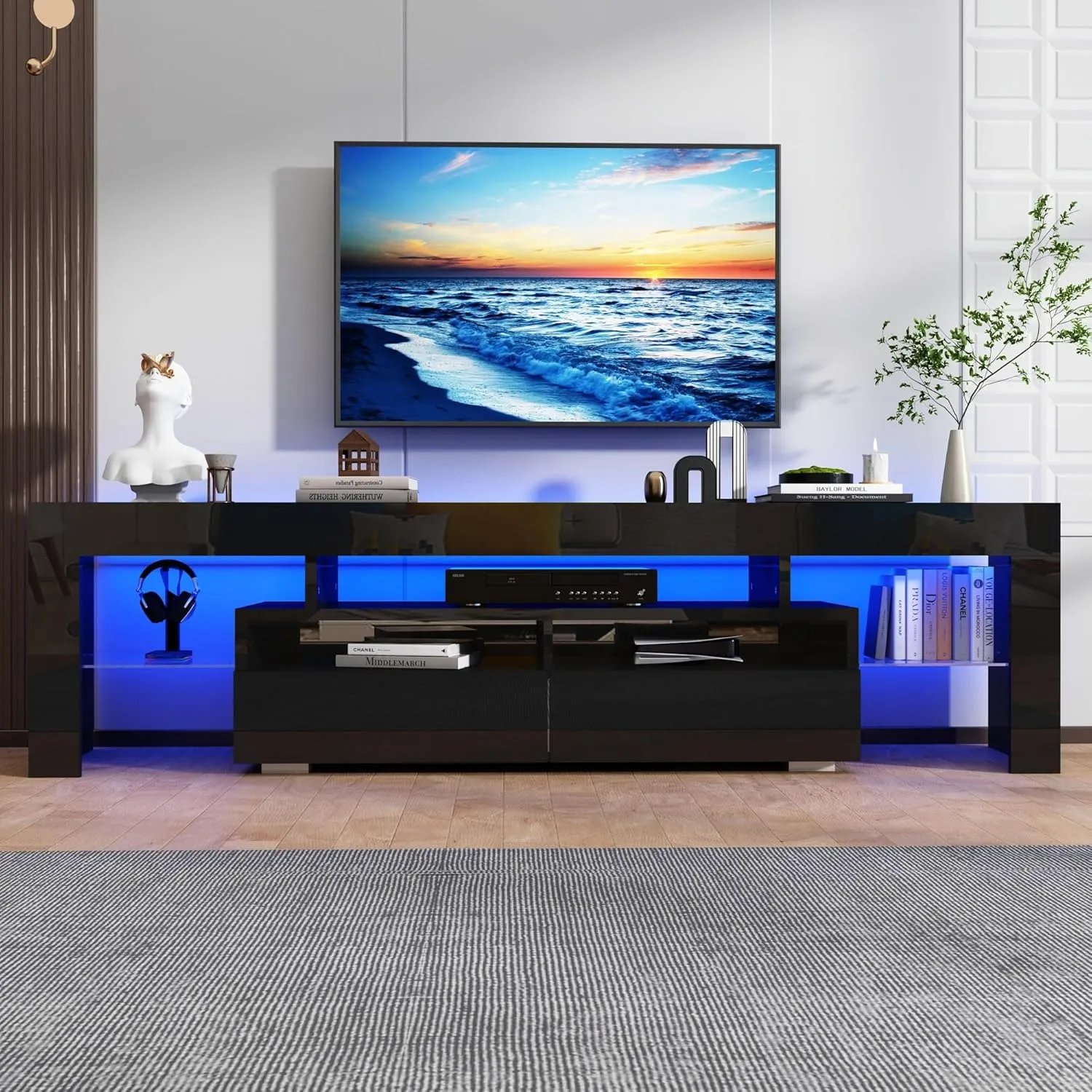 Uspeedy 63in TV Stand for 65/70 inch TV,Modern LED TV Stand for Living Room,Black TV Stand,High Gloss TV Entertainment Center with Storage Drawer,APP RGB Light,TV Console(63in Black)