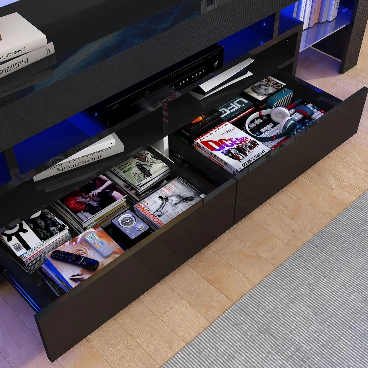 Uspeedy 63in TV Stand for 65/70 inch TV,Modern LED TV Stand for Living Room,Black TV Stand,High Gloss TV Entertainment Center with Storage Drawer,APP RGB Light,TV Console(63in Black)