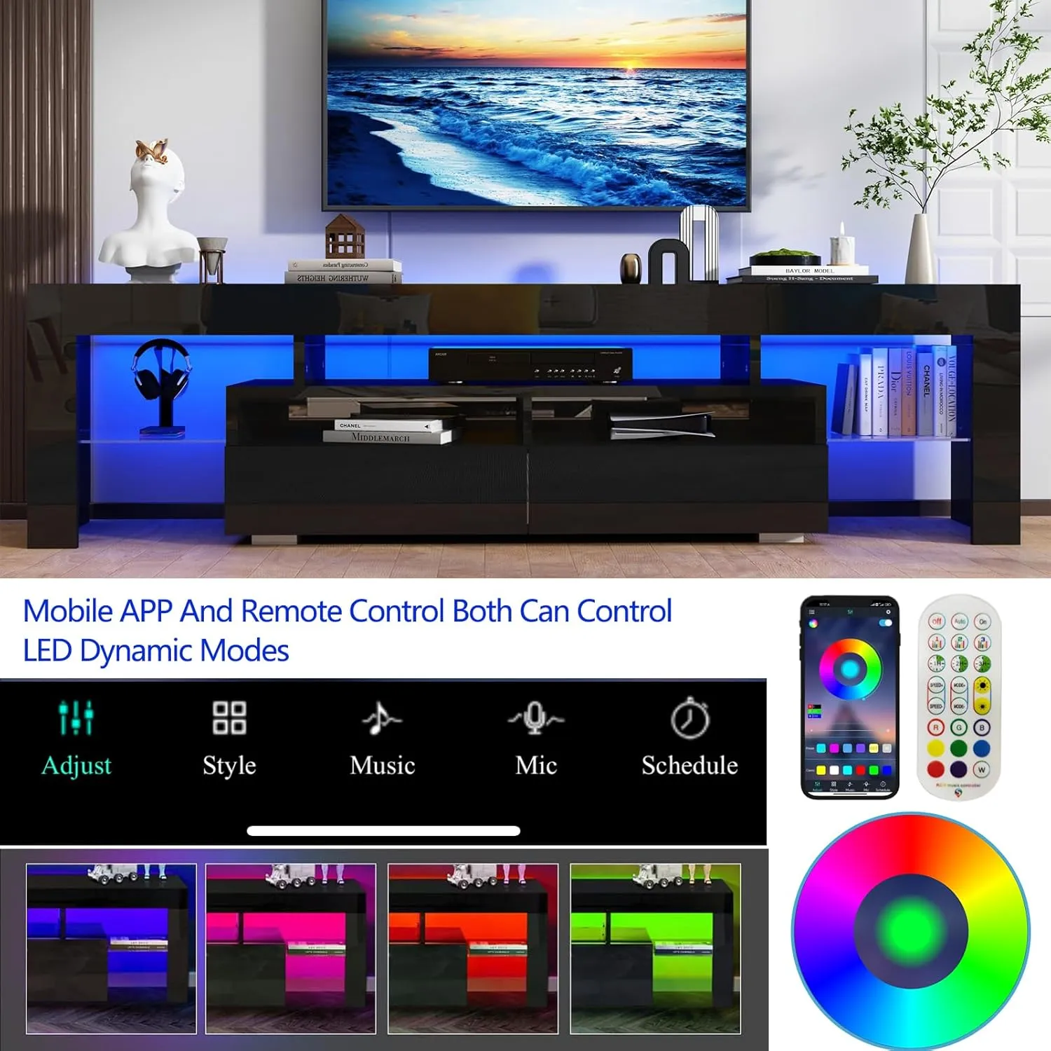 Uspeedy 63in TV Stand for 65/70 inch TV,Modern LED TV Stand for Living Room,Black TV Stand,High Gloss TV Entertainment Center with Storage Drawer,APP RGB Light,TV Console(63in Black)