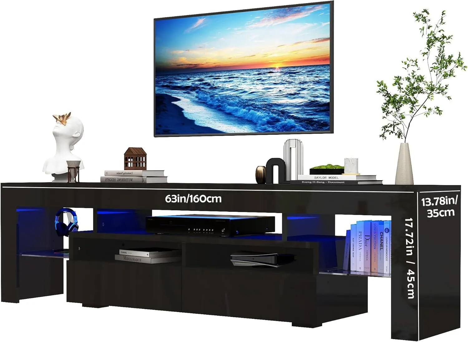 Uspeedy 63in TV Stand for 65/70 inch TV,Modern LED TV Stand for Living Room,Black TV Stand,High Gloss TV Entertainment Center with Storage Drawer,APP RGB Light,TV Console(63in Black)