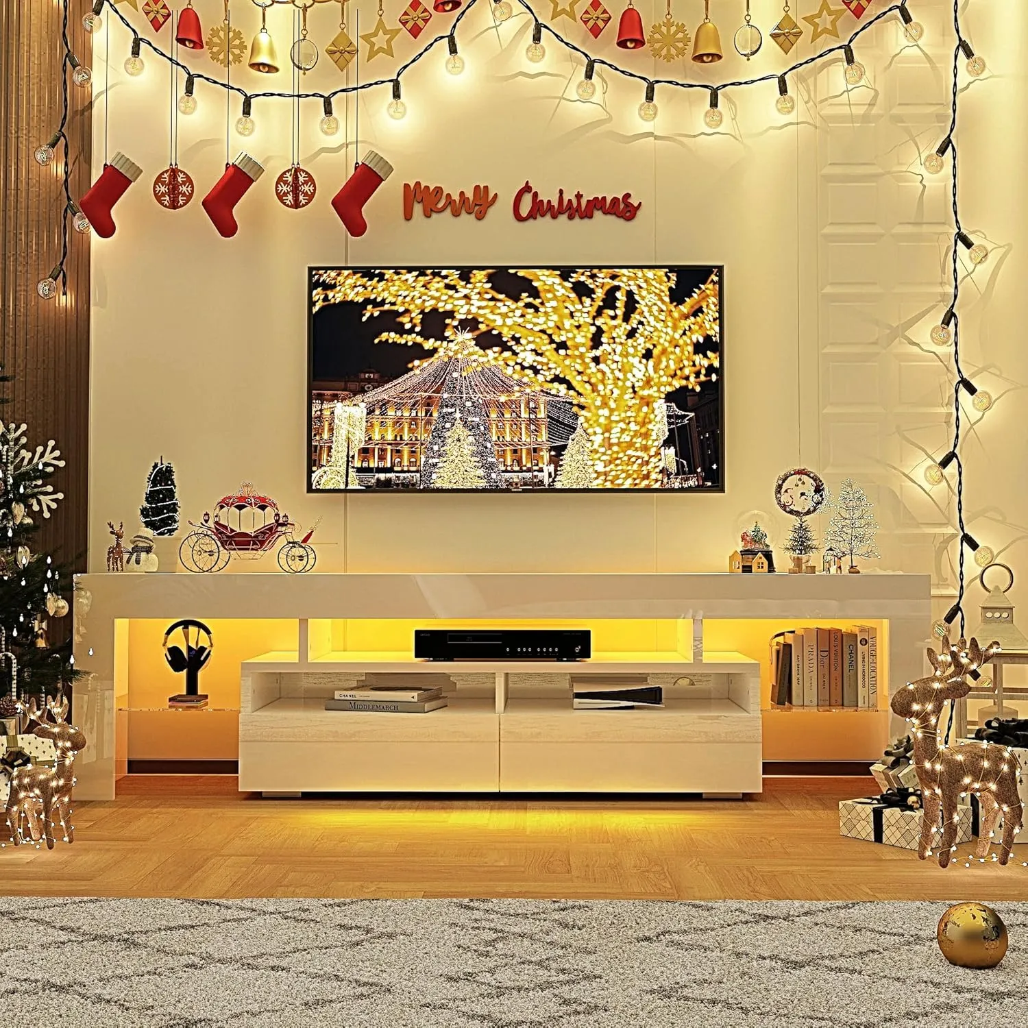 Uspeedy 63in TV Stand for 65/70 inch TV,Modern LED TV Stand for Living Room,Black TV Stand,High Gloss TV Entertainment Center with Storage Drawer,APP RGB Light,TV Console(63in White)