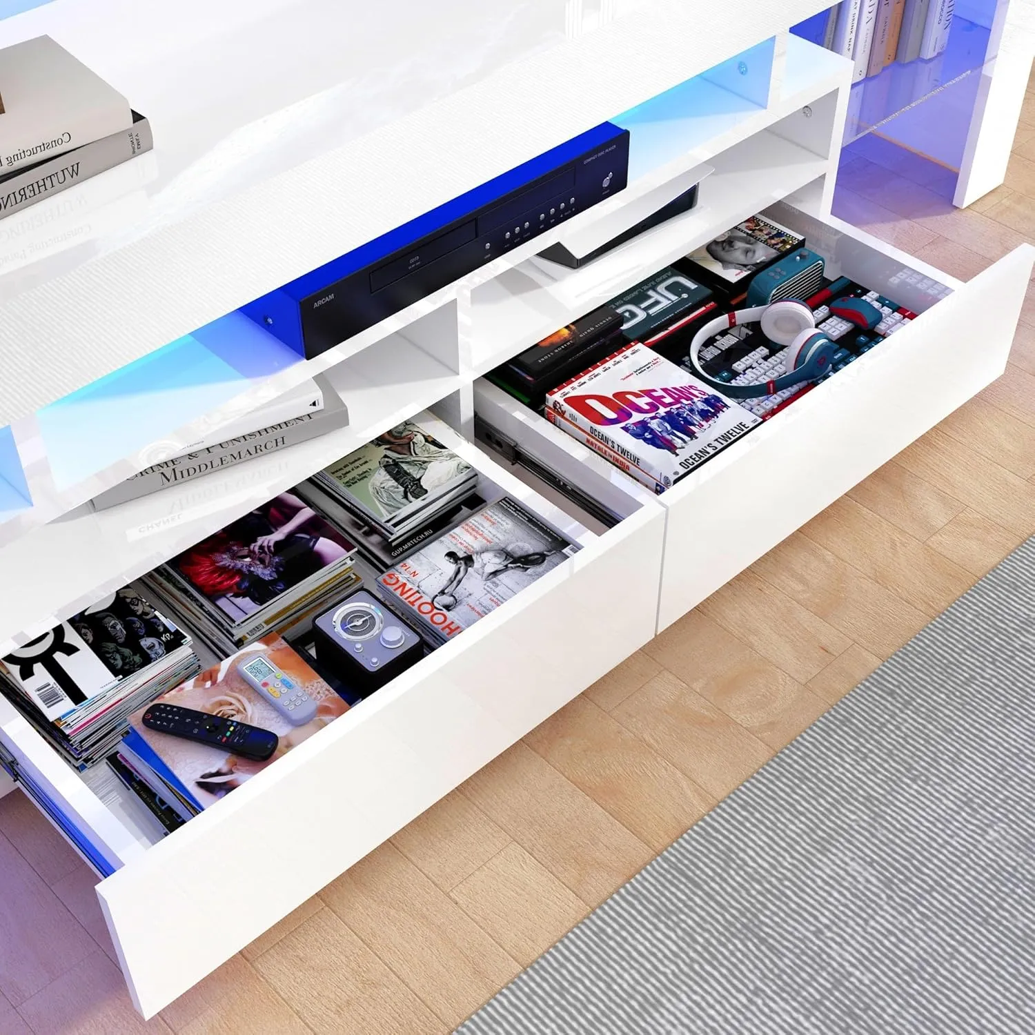 Uspeedy 63in TV Stand for 65/70 inch TV,Modern LED TV Stand for Living Room,Black TV Stand,High Gloss TV Entertainment Center with Storage Drawer,APP RGB Light,TV Console(63in White)