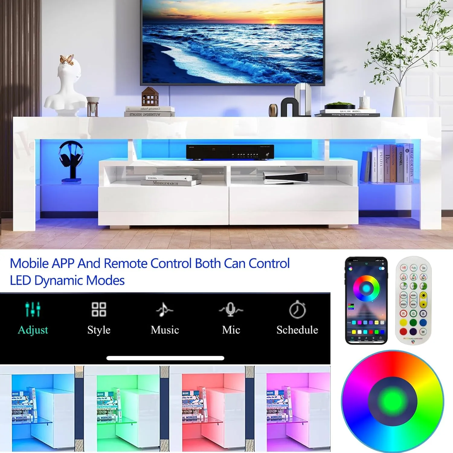Uspeedy 63in TV Stand for 65/70 inch TV,Modern LED TV Stand for Living Room,Black TV Stand,High Gloss TV Entertainment Center with Storage Drawer,APP RGB Light,TV Console(63in White)