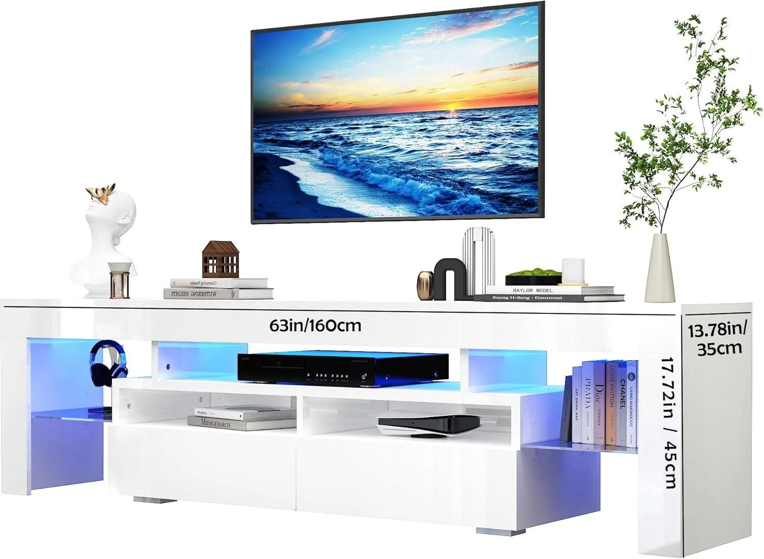 Uspeedy 63in TV Stand for 65/70 inch TV,Modern LED TV Stand for Living Room,Black TV Stand,High Gloss TV Entertainment Center with Storage Drawer,APP RGB Light,TV Console(63in White)