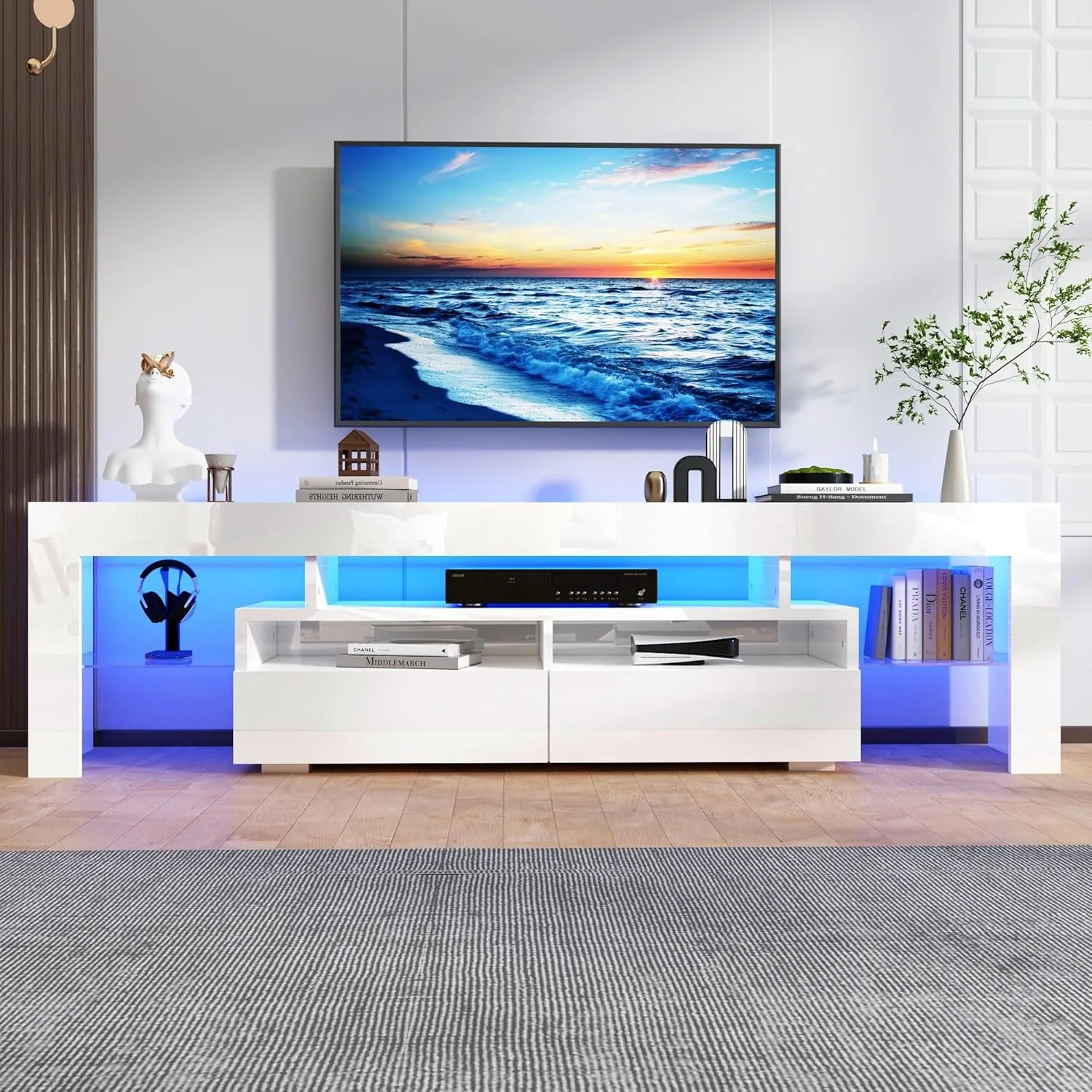 Uspeedy 63in TV Stand for 65/70 inch TV,Modern LED TV Stand for Living Room,Black TV Stand,High Gloss TV Entertainment Center with Storage Drawer,APP RGB Light,TV Console(63in White)