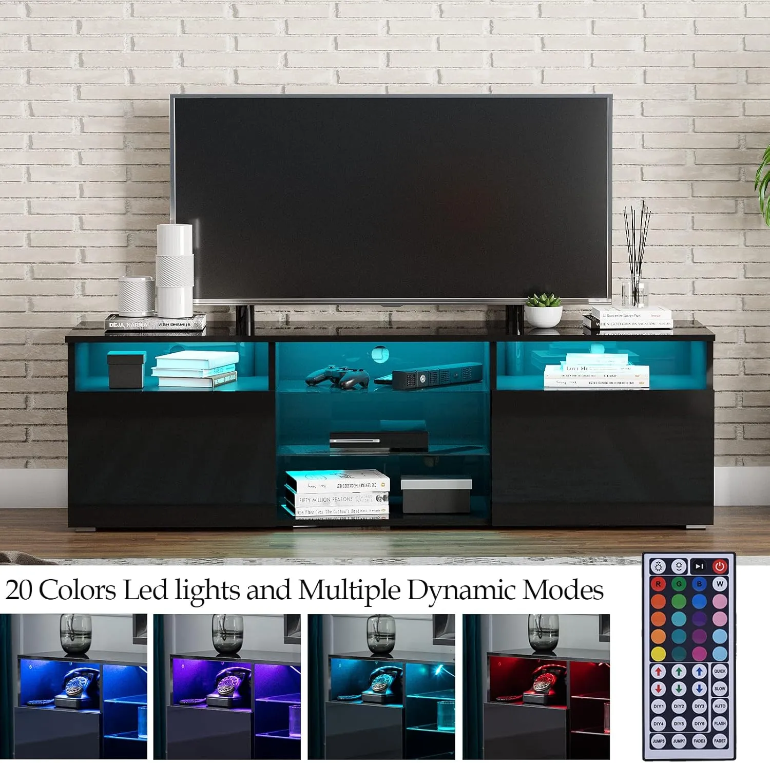 Uspeedy TV Stand,High Glossy LED TV Stand for 55 inch TV Stand,Modern TV Entertainment Center with Adjustable Storage Shelf,TV Console Table with RGB LED 20 Color Lighting(47IN Black)