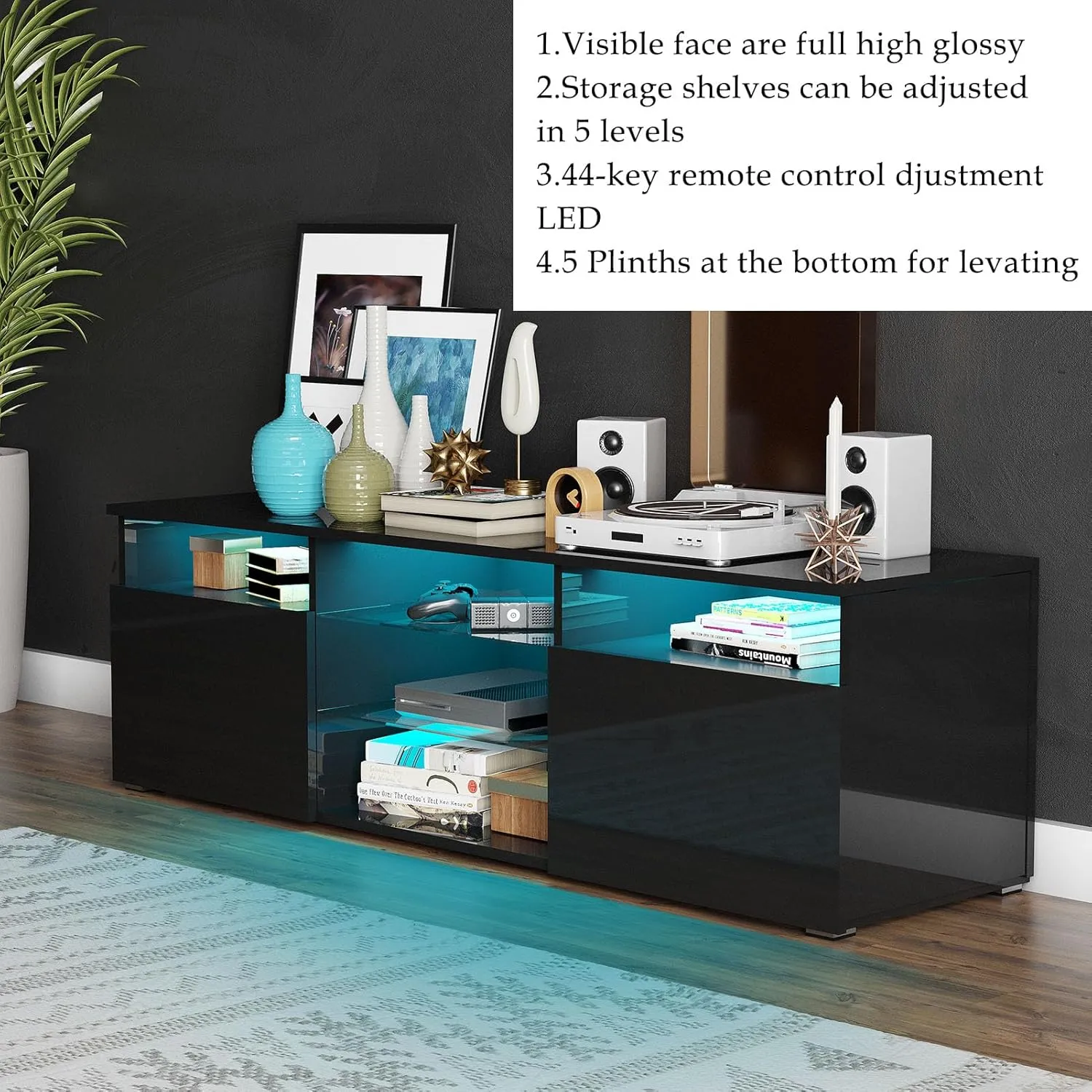 Uspeedy TV Stand,High Glossy LED TV Stand for 55 inch TV Stand,Modern TV Entertainment Center with Adjustable Storage Shelf,TV Console Table with RGB LED 20 Color Lighting(47IN Black)