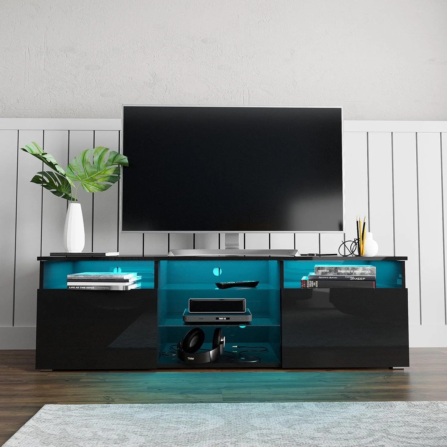 Uspeedy TV Stand,High Glossy LED TV Stand for 55 inch TV Stand,Modern TV Entertainment Center with Adjustable Storage Shelf,TV Console Table with RGB LED 20 Color Lighting(47IN Black)