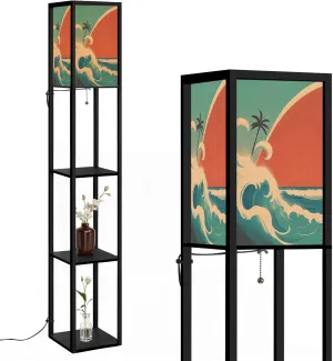 Vintage sea Waves Sky Color Poster Flat Floor Lamps with Shelves, Modern Standing Lamp Narrow Corner Display Bookshelf Lamp for Living Room, Bedroom, Office Decor