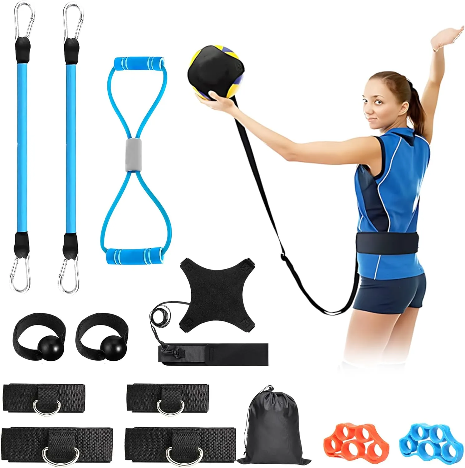 Volleyball Training Equipment Set: Solo Trainer for Serving, Setting, and Passing, Combined with Volleyball Pass Resistance Bands, Elastic Rope Exercise Resistance Bands, and Resistance Belts