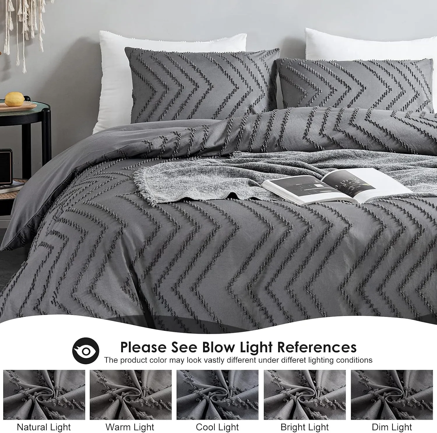 WARMDERN Boho Duvet Cover Set, Tufted Bedding Duvet Covers Soft Washed Microfiber Duvet Cover King Size, 3 Pieces Embroidery Shabby Chic Duvet Cover with Zipper Closure(Grey, King)