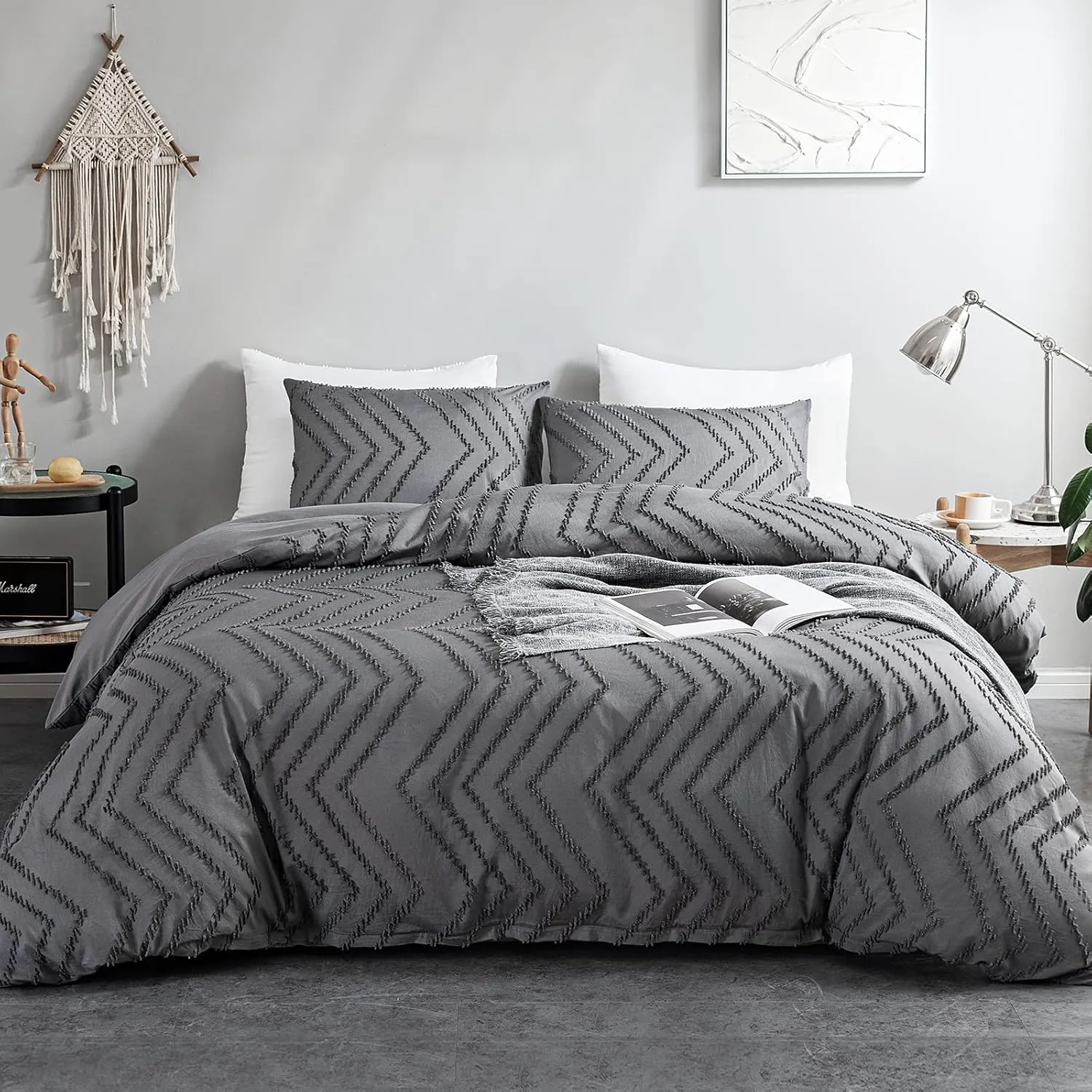 WARMDERN Boho Duvet Cover Set, Tufted Bedding Duvet Covers Soft Washed Microfiber Duvet Cover Queen Size, 3 Pieces Embroidery Shabby Chic Duvet Cover with Zipper Closure(Grey, Queen)