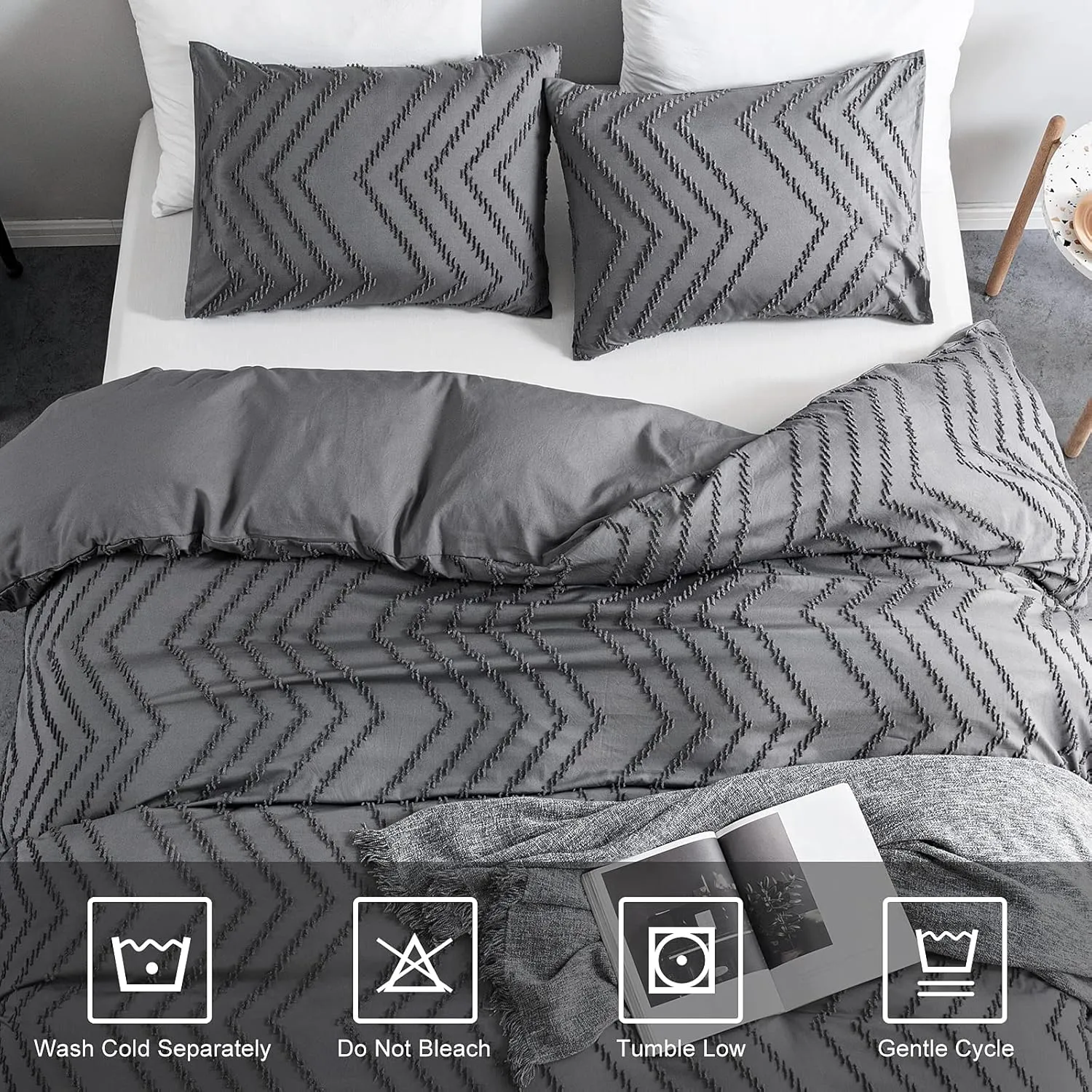 WARMDERN Boho Duvet Cover Set, Tufted Bedding Duvet Covers Soft Washed Microfiber Duvet Cover Queen Size, 3 Pieces Embroidery Shabby Chic Duvet Cover with Zipper Closure(Grey, Queen)