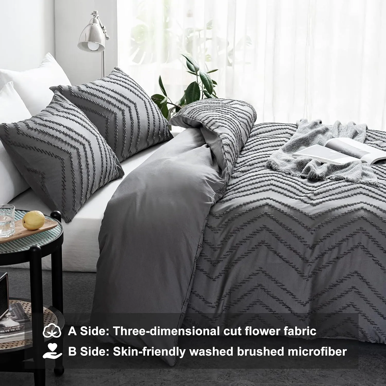 WARMDERN Boho Duvet Cover Set, Tufted Bedding Duvet Covers Soft Washed Microfiber Duvet Cover Queen Size, 3 Pieces Embroidery Shabby Chic Duvet Cover with Zipper Closure(Grey, Queen)
