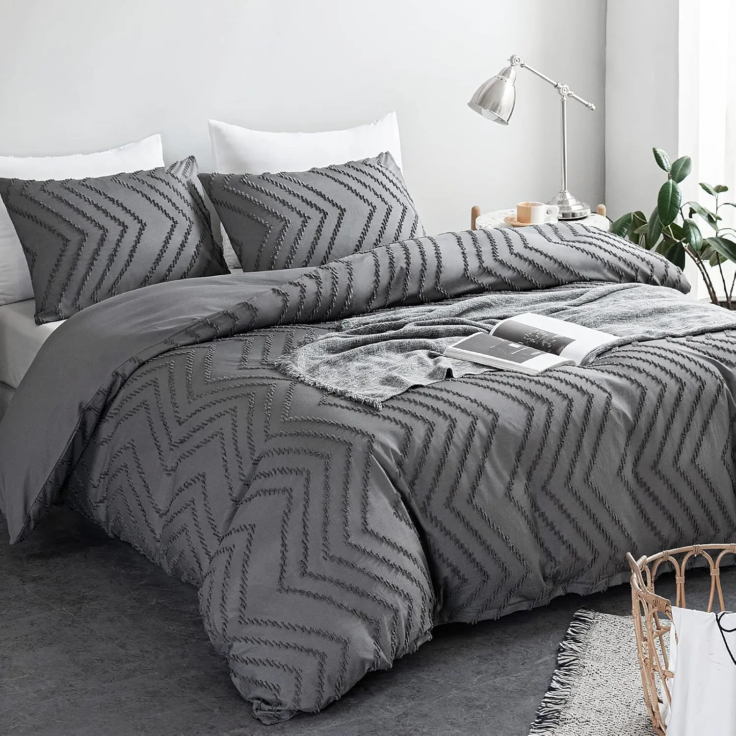 WARMDERN Boho Duvet Cover Set, Tufted Bedding Duvet Covers Soft Washed Microfiber Duvet Cover Queen Size, 3 Pieces Embroidery Shabby Chic Duvet Cover with Zipper Closure(Grey, Queen)