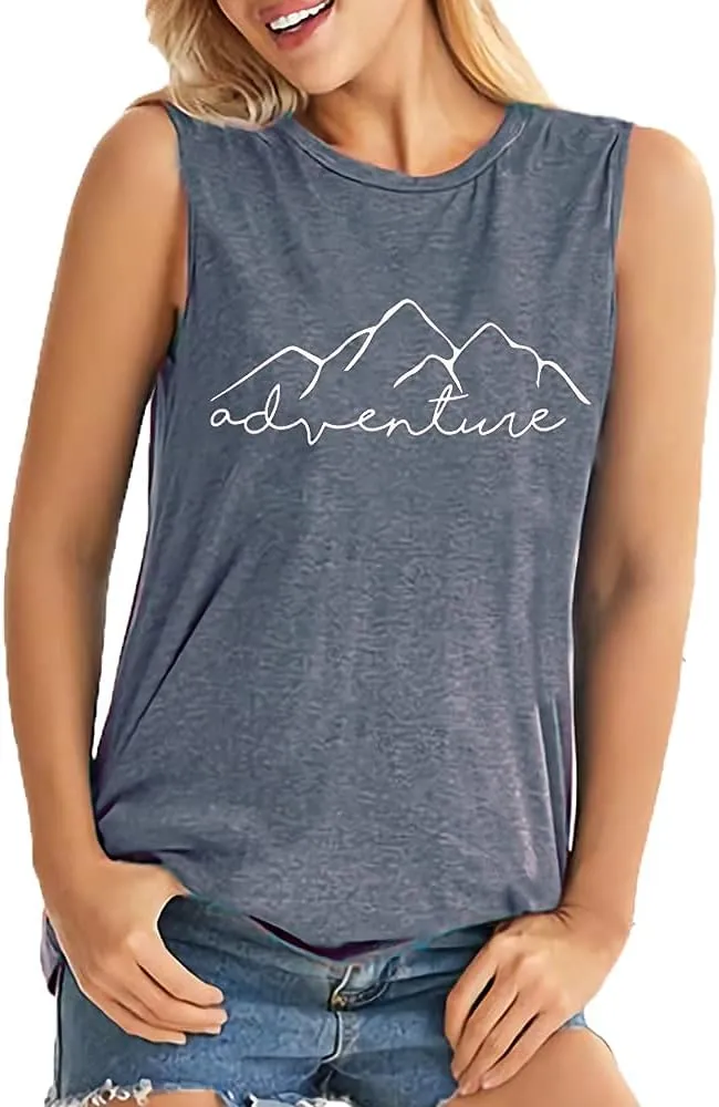 Women Mountain Adventure Workout Tanks Hiking Camping Graphic Athletic Sleeveless Funny Tee Tops