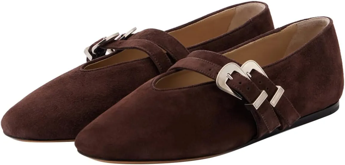 Women Two Strap Buckles Suede Mary Jane Flats Round Toe V Cut Comfy Ballroom Daily Wear Casual Shoes Size 4-16 US