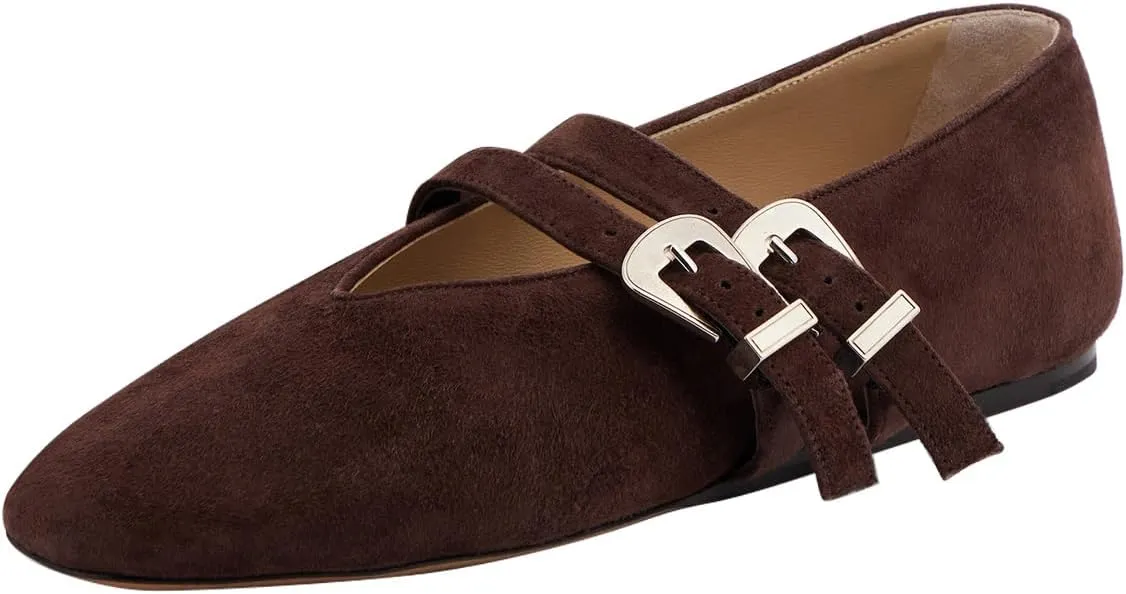 Women Two Strap Buckles Suede Mary Jane Flats Round Toe V Cut Comfy Ballroom Daily Wear Casual Shoes Size 4-16 US
