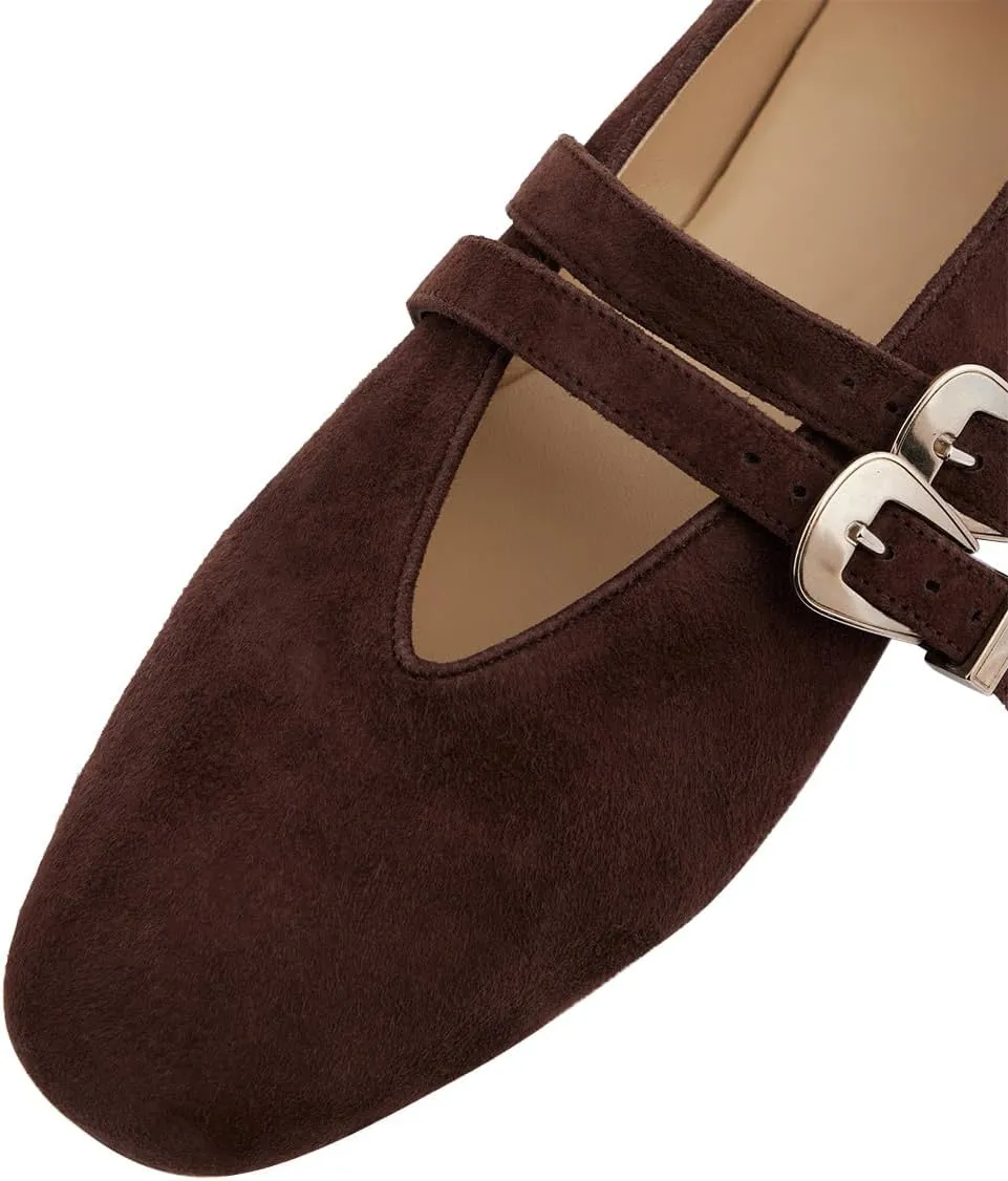 Women Two Strap Buckles Suede Mary Jane Flats Round Toe V Cut Comfy Ballroom Daily Wear Casual Shoes Size 4-16 US