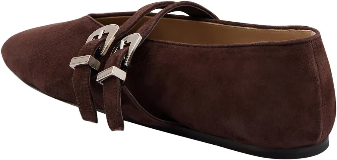 Women Two Strap Buckles Suede Mary Jane Flats Round Toe V Cut Comfy Ballroom Daily Wear Casual Shoes Size 4-16 US