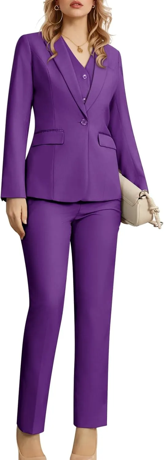 Women's 3 Piece Suit Lady Business Casual Office One Button Slim Fit Blazer Jacket Vest Pants Set