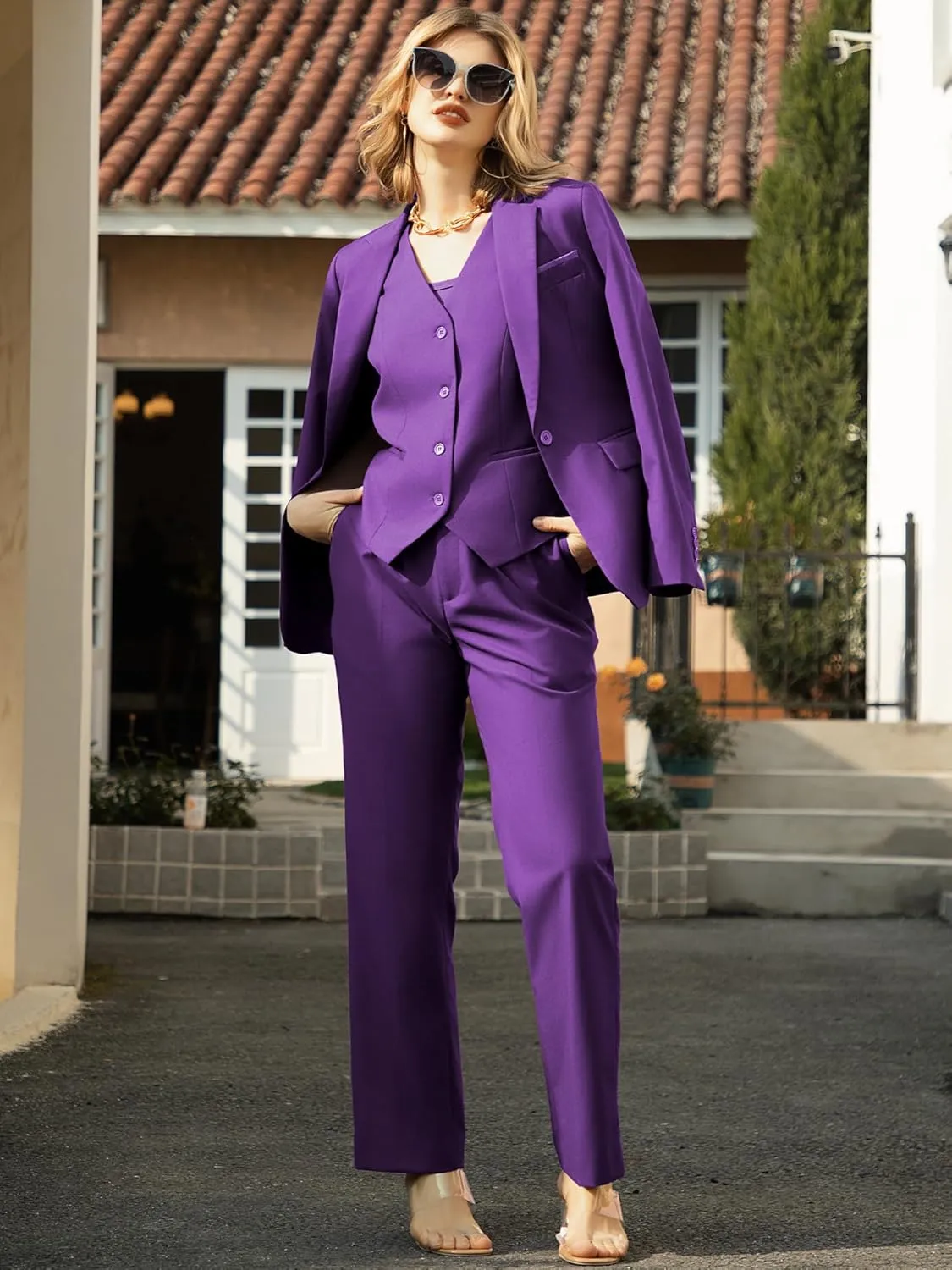 Women's 3 Piece Suit Lady Business Casual Office One Button Slim Fit Blazer Jacket Vest Pants Set