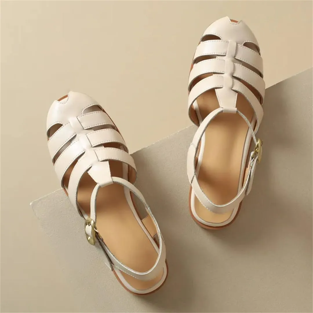 Womens Buckle Strap Back Strap Flat Heel Open Side Vamp Basic Sandals Genuine Leather Ankle Strap Summer Sandals