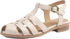 Womens Buckle Strap Back Strap Flat Heel Open Side Vamp Basic Sandals Genuine Leather Ankle Strap Summer Sandals